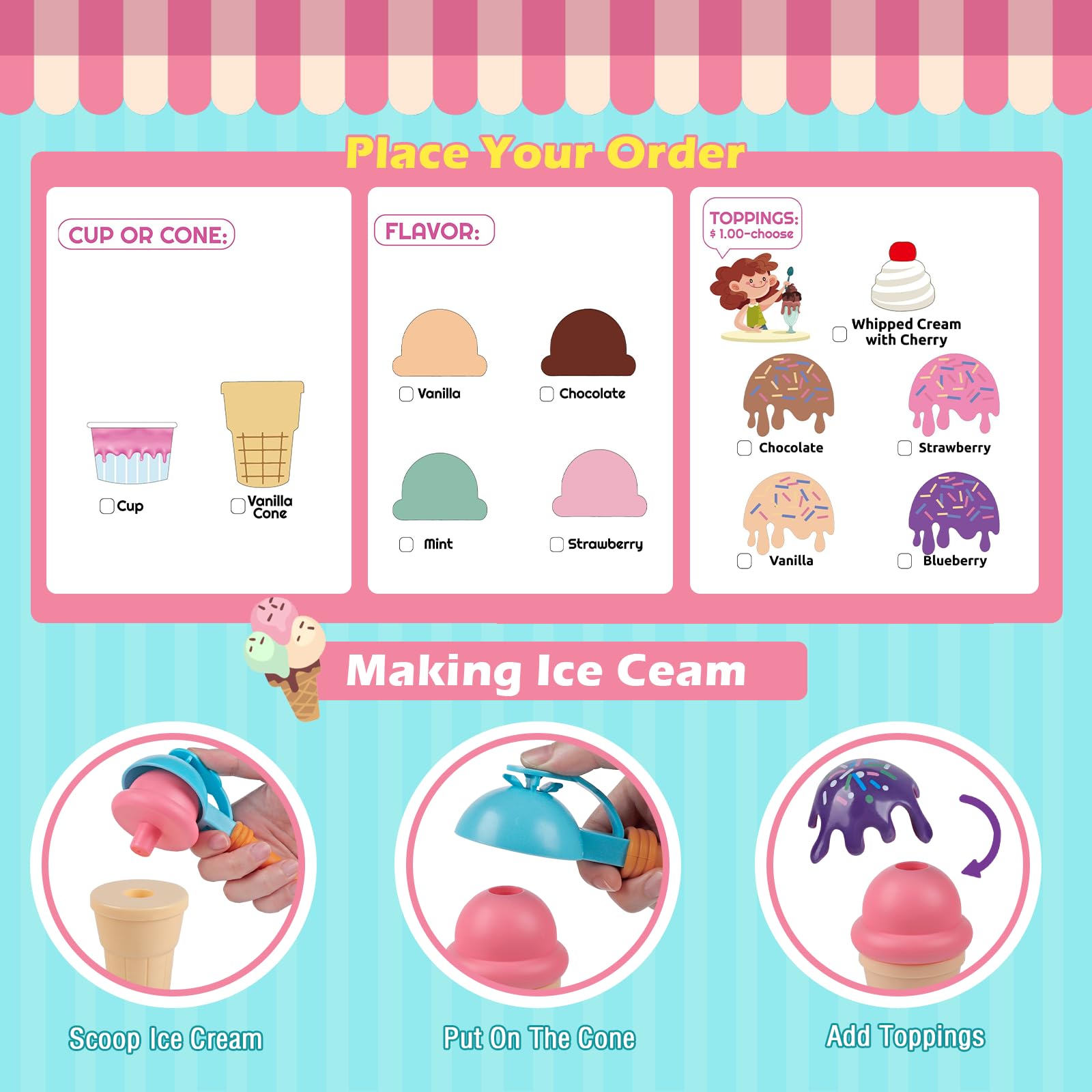 Kids Ice Cream Counter Playset - Pretend Play Ice Cream Shop Toys with Scoop & Serve Play Food - Fun Educational Toy for Toddler Girls & Boys Ages 3+ - Perfect for Birthday Gifts & Role Play Activities