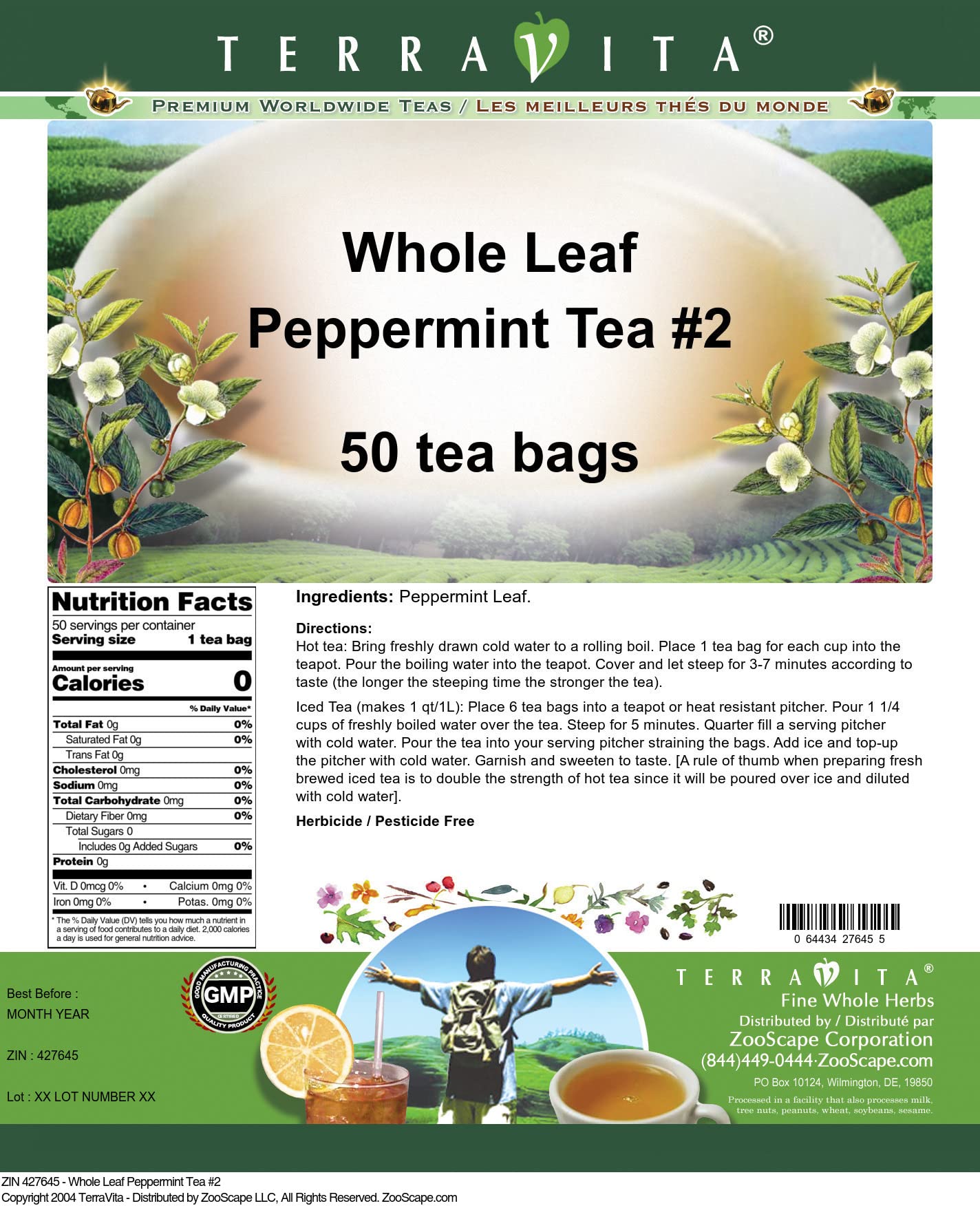 Organic Whole Leaf Peppermint Tea - 50 Count Tea Bags | Caffeine-Free Herbal Tea | ZIN 427645 | Perfect for Relaxation, Digestion & Stress Relief