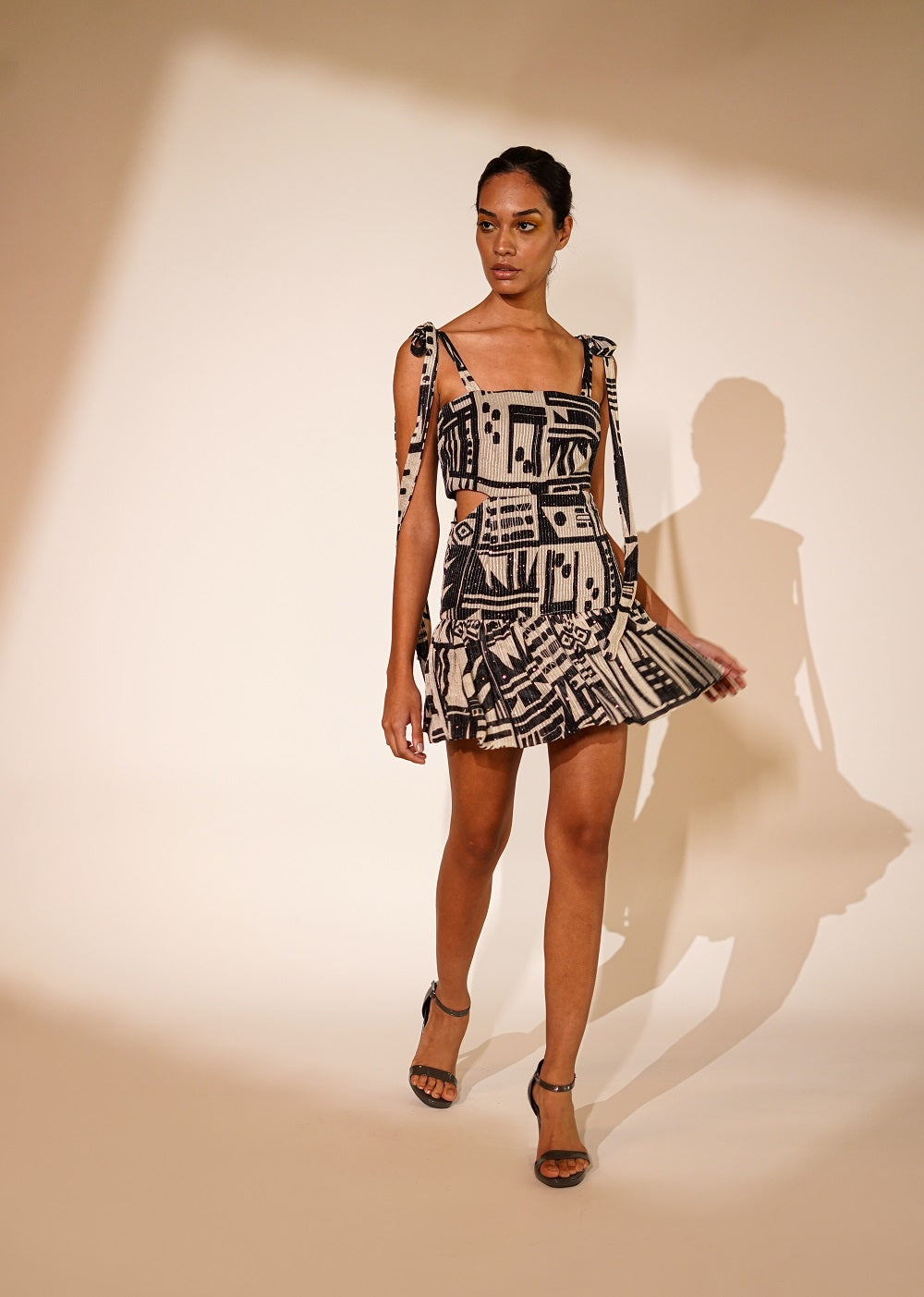 White Abstract Print Short Dress - Women's Casual Summer Mini Dress for Beach, Party & Vacation