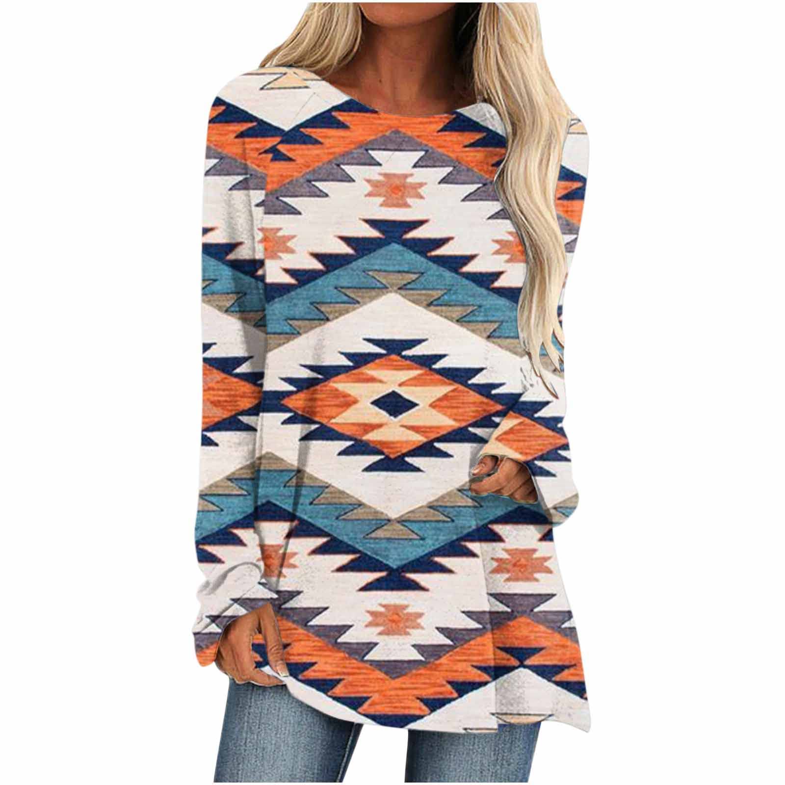 Women's Western Aztec Print Long Sleeve Tunic Top - Ethnic Geometric Round Neck Pullover Blouse - Casual Loose Fit Plus Size Shirt for Everyday Wear & Boho Fashion