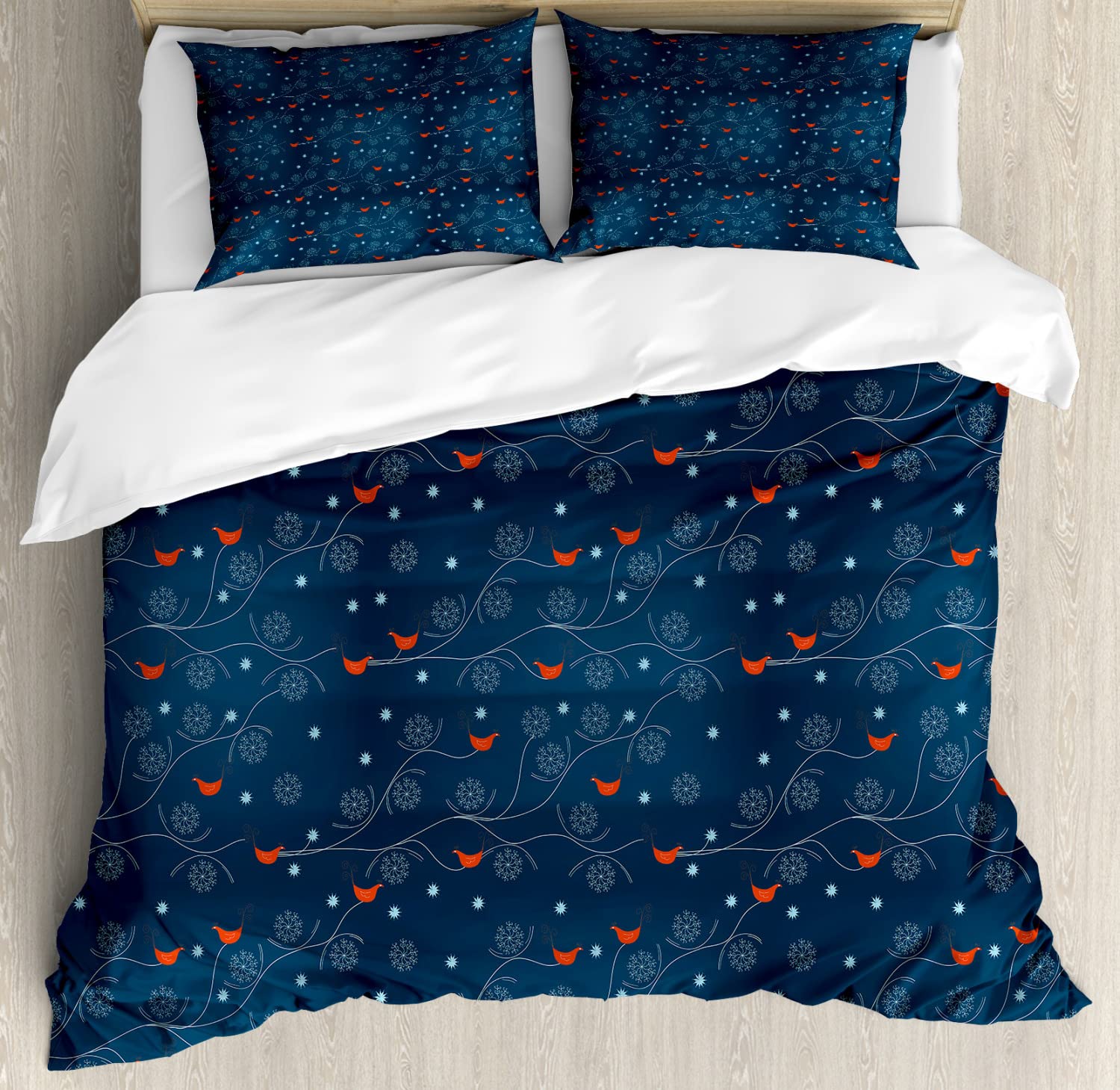 Ambesonne Winter Duvet Cover Set - King Size 2-Pack with 2 Duvet Covers & 4 Pillowcases | Orange Birds on Snowy Leafless Tree Branches Nature Design in Petrol Blue, Orange & White | Cozy Bedroom Decor for Winter Season
