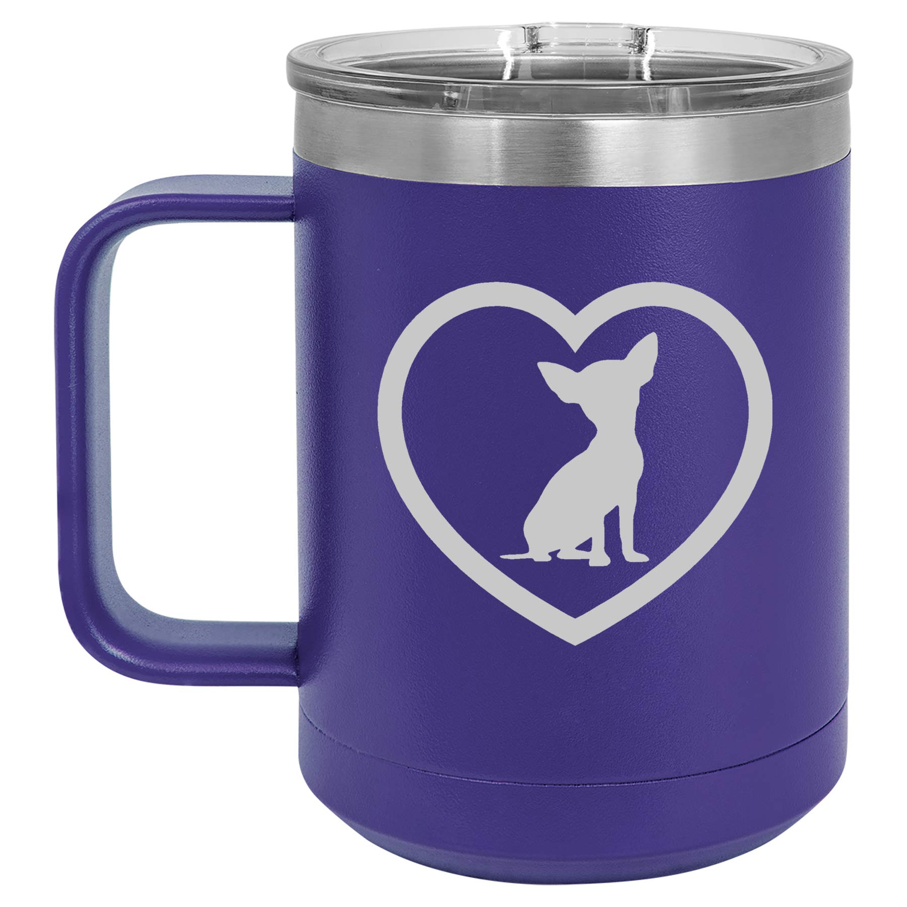 15 oz Vacuum Insulated Stainless Steel Tumbler with Handle & Lid - Leakproof Travel Coffee Mug for Hot/Cold Drinks - Cute Chihuahua Heart Design (Purple) - Perfect for Commuting, Camping & Office Use