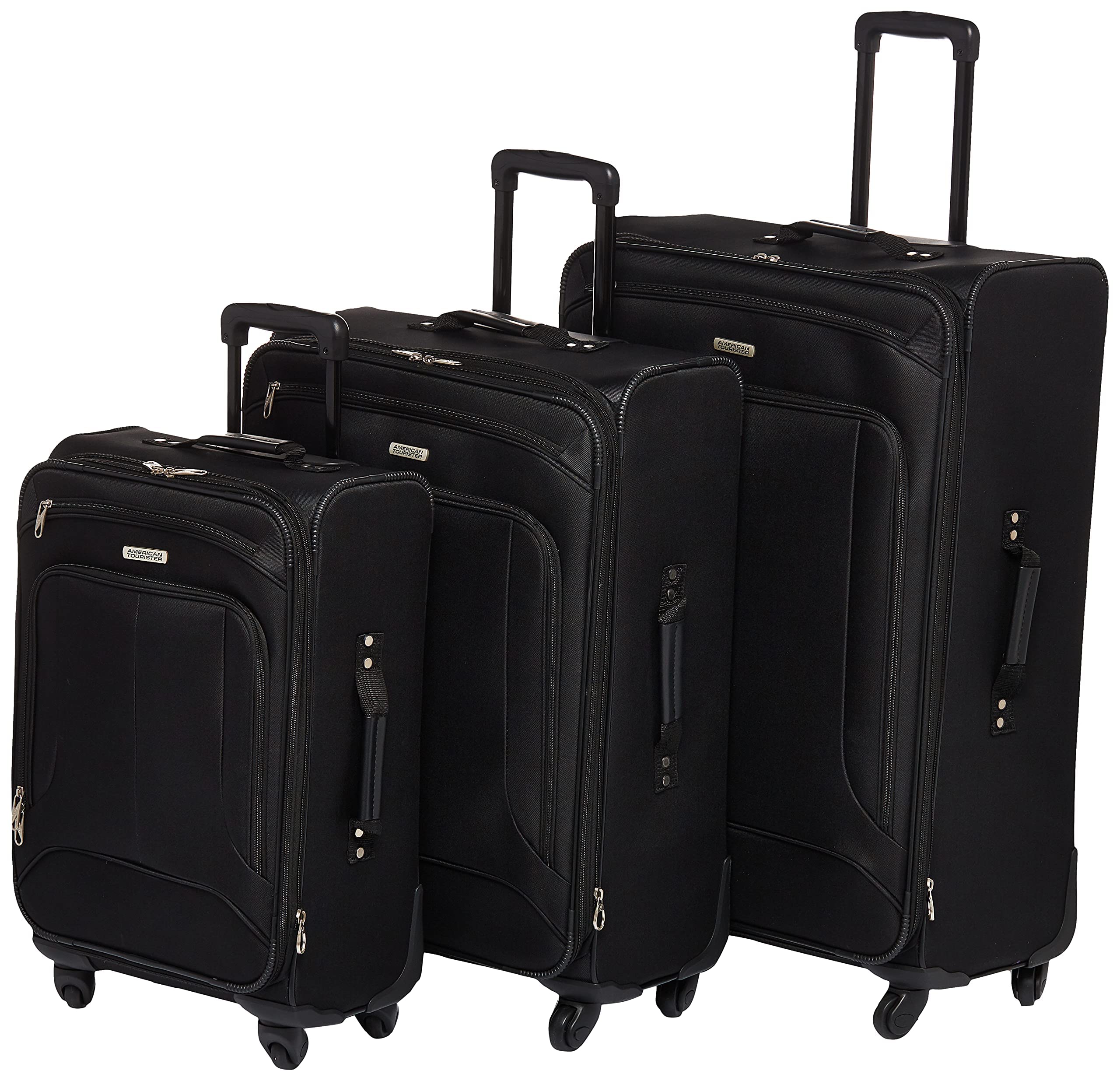 American Tourister Pop Max Softside Luggage Set with 360° Spinner Wheels - 3-Piece (21/25/29 Inch) Black Carry-On Suitcase for Travel, Business Trips & Family Vacations
