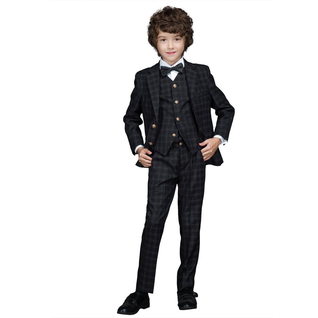 Stylish Korean Boys' Single-Breasted Checked Floral Suit - Black Formal Blazer for Kids | Perfect for Weddings, Parties & Special Occasions