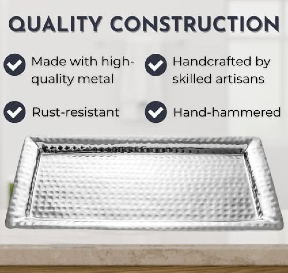 Monarch Abode 40308 Hand Hammered Metal Decorative Tray - 16 Inch Nickel Vanity Platter for Bathroom & Kitchen Counter Organization - Perfect for Jewelry Storage, Makeup Display, and Home Decor