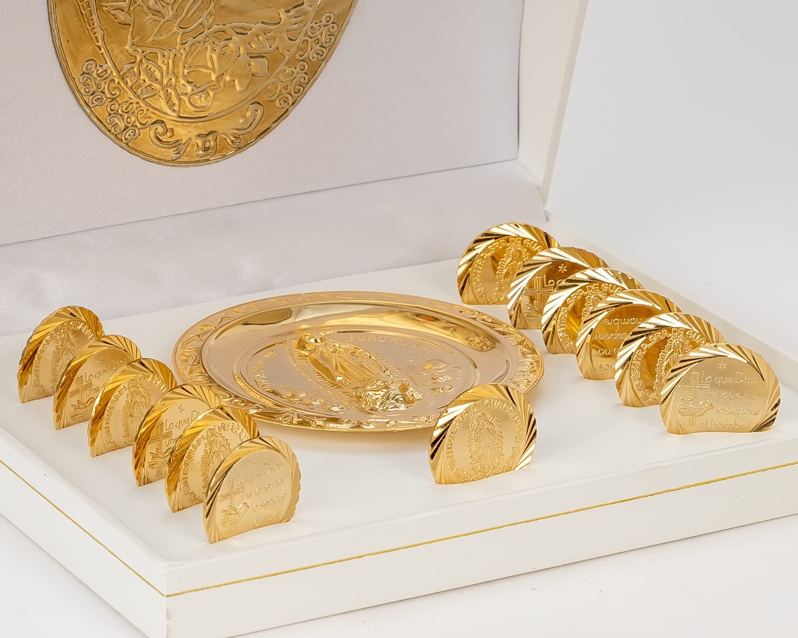 Wedding Unity Coins Set - Classic Gold-Plated Ceremony Arras with White Decorated Case & Our Lady of Guadalupe Tray - Perfect for Catholic Weddings, Vow Renewals, and Anniversary Celebrations