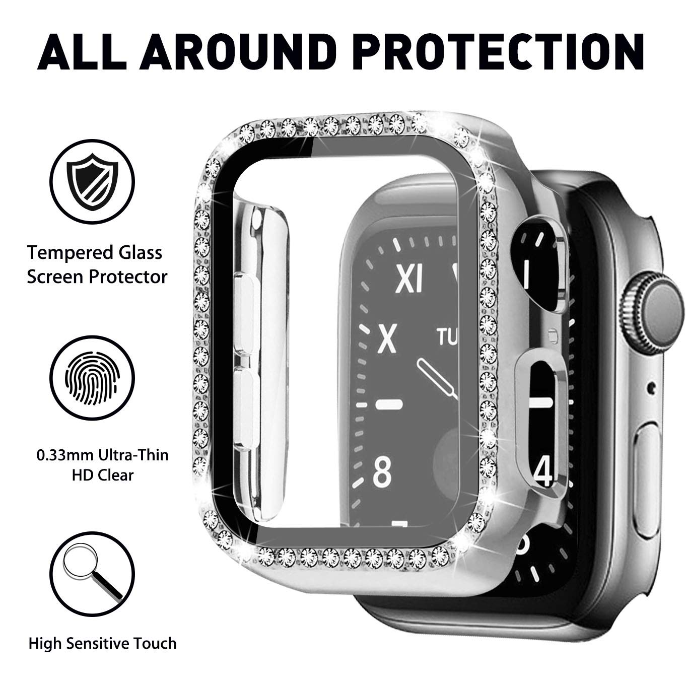 Mosonio Luxury Metal & Leather Apple Watch Band 44mm Compatible with Series SE/6/5/4 - Silver Link Bracelet with White Leather Strap + 2-Pack Screen Protectors & Case - Elegant Jewelry Replacement Band for Women | Perfect for Work, Parties & Everyday Wear