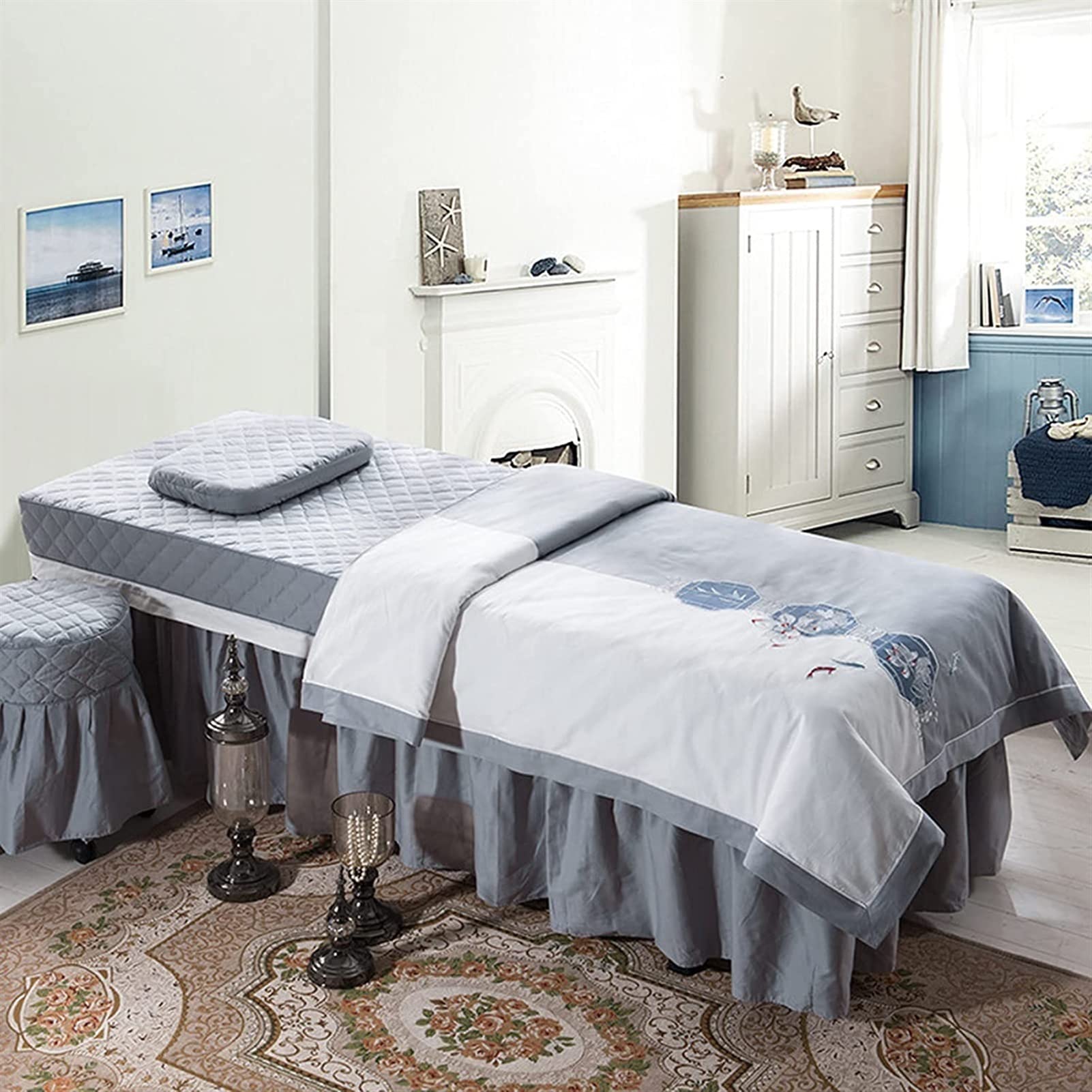 Premium 4-Piece Massage Bed Sheet Set - Soft Cotton Salon & SPA Couch Cover with Face Hole - Gray 70x190cm Square Head - Ideal for Professional Massage Therapy, Facial Treatments & Relaxation Sessions