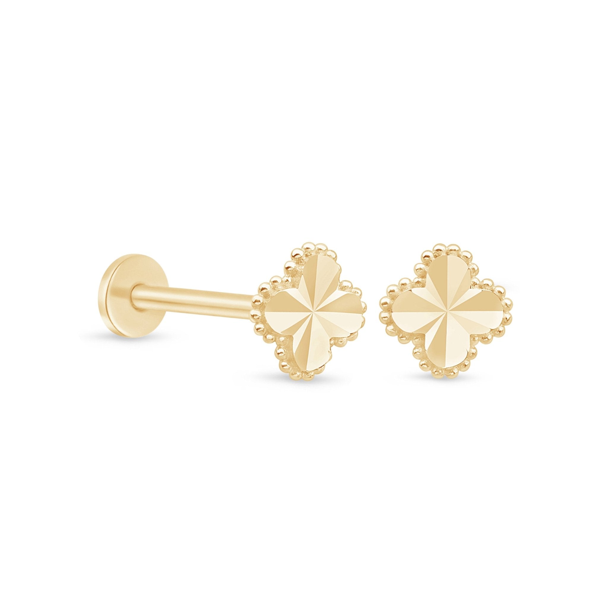 14K Yellow Gold Diamond Cut Clover Stud Earrings - Solid Gold Flat Back Post for Women, Perfect for Everyday Wear & Special Occasions