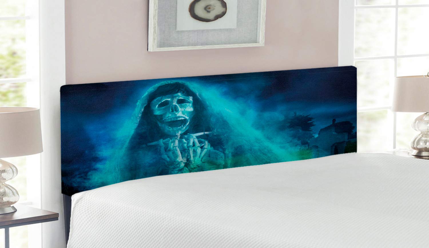 Ambesonne Gothic Halloween Headboard - Dark Haunted Horror Themed Digital Art with Ghost Skull Design | Upholstered Decorative Metal Bed Headboard with Memory Foam | Queen Size Blue | Perfect for Spooky Bedroom Decor, Halloween Parties & Gothic Themed Rooms