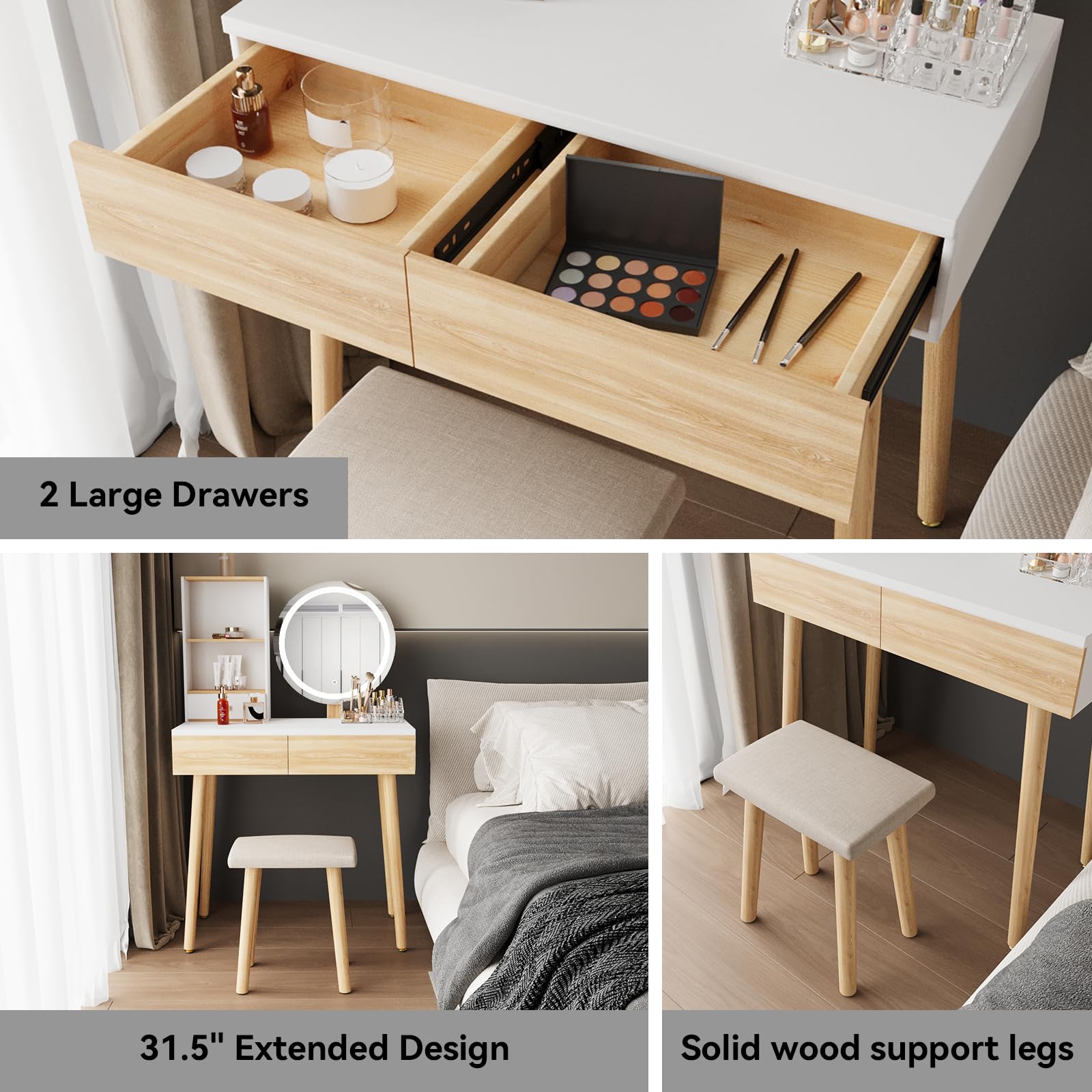 YOURLITE Makeup Vanity Desk with LED Lights - Adjustable Brightness Mirror, Compact Vanity Table with Drawers & Storage Shelves for Small Spaces - Perfect for Bedroom, Dorm & Apartment Beauty Setup