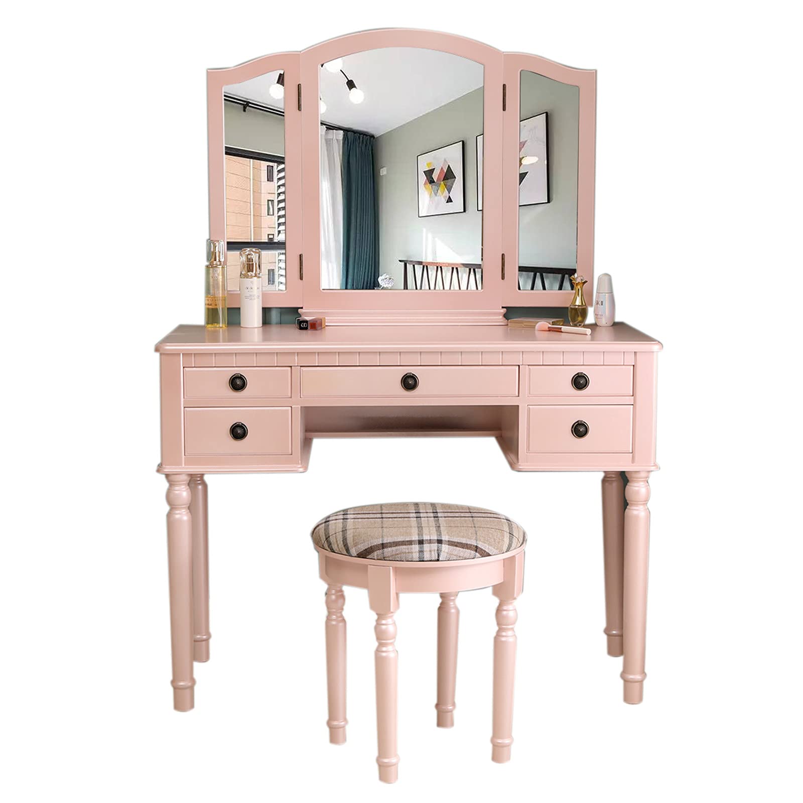 Modern Roman Column Dressing Table with Three-Fold Mirror & Drawers - Elegant Fluorescent Pink Vanity Stool for Bedroom, Bathroom & Makeup Area | Perfect for Cosmetics Storage & Getting Ready