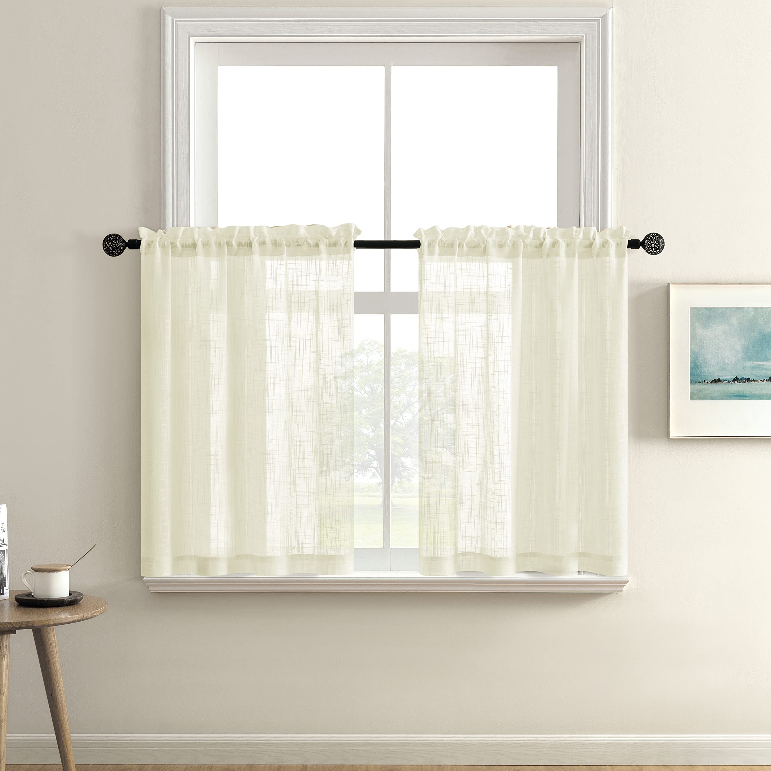 Modern Farmhouse Kitchen Curtains Set of 2 - Linen Textured Boho Valances with Rod Pocket, Semi-Sheer Tier/Cafe Curtains in Off White, Cream, Ivory & Beige - Perfect for Kitchen Windows, Bedroom Decor & Cozy Farmhouse Style