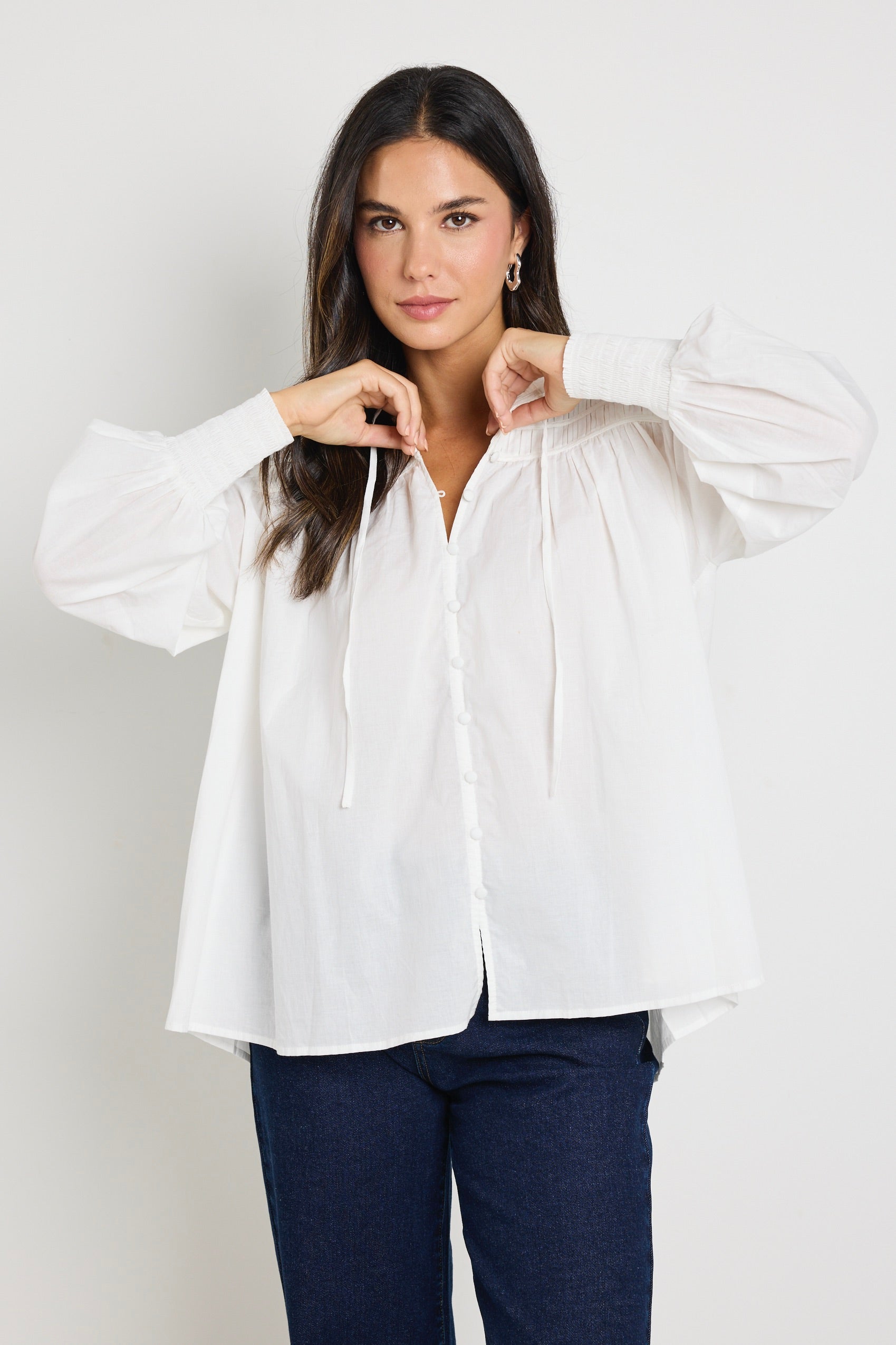 Elegant Creator Ivory Voile Pintuck Long Sleeve Blouse for Women | Office Wear & Casual Outfits