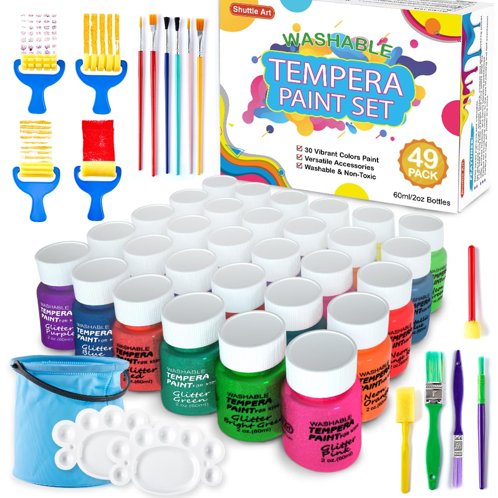 Shuttle Art 30 Colors Washable Tempera Paint Set - Non-Toxic Finger Paints for Kids (2oz/60ml Bottles) with Glitter, Metallic & Neon Colors - Perfect for Art Projects, Classroom Crafts & DIY Activities