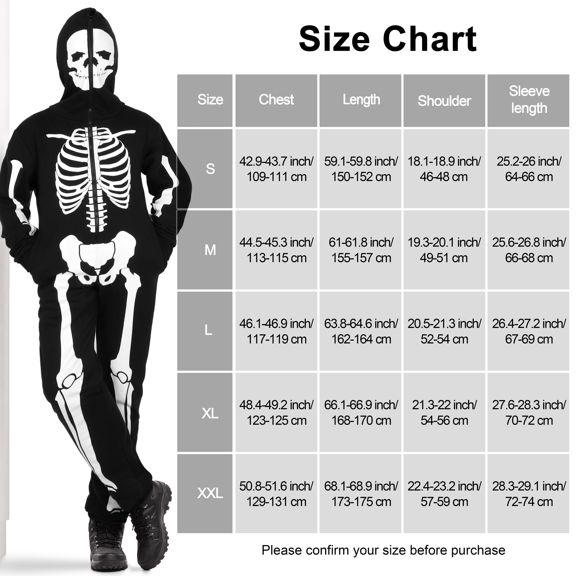 Glow in the Dark Skeleton Costume for Men - Halloween Skeleton Onesie Pajama with Skull Face Cover - Adult Jumpsuit Set for Halloween Parties, Cosplay & Themed Events
