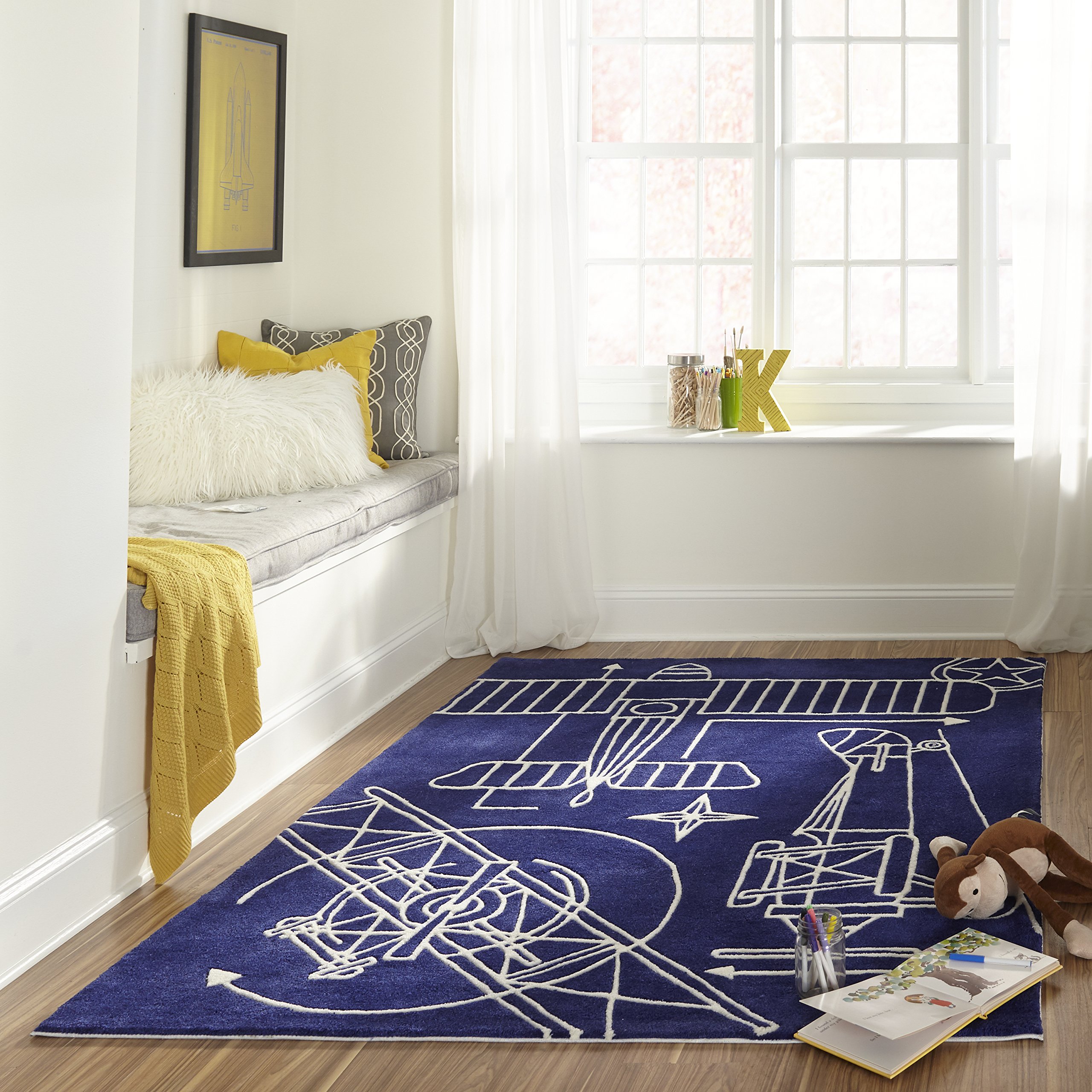Momeni Lil' Mo Hipster Collection Kids Themed Hand Carved Tufted Area Rug 4x6 Feet Navy Blue - Perfect for Nursery, Playroom & Kids Bedroom Decor