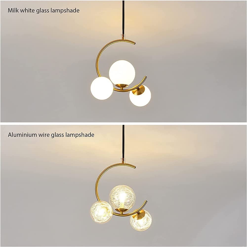 Modern Minimalist Semi-Circle Hanging Chandelier - Gold Finish with White Frosted Glass Globe Shade - Indoor Pendant Light for Living Room, Bedroom & Dining Room - Gypsophila Glass Lampshade Design - Elegant Home Decor Lighting Fixture