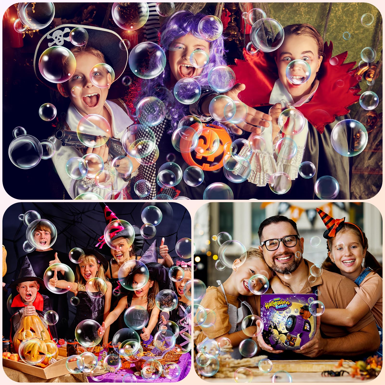Fansteck Halloween Bubble Gun for Kids - 10 Hole Pumpkin Bubble Blower with LED Lights, Automatic Bubble Machine Toy for Toddlers | Perfect for Halloween Parties, Outdoor Play, Birthday Favors & Backyard Fun