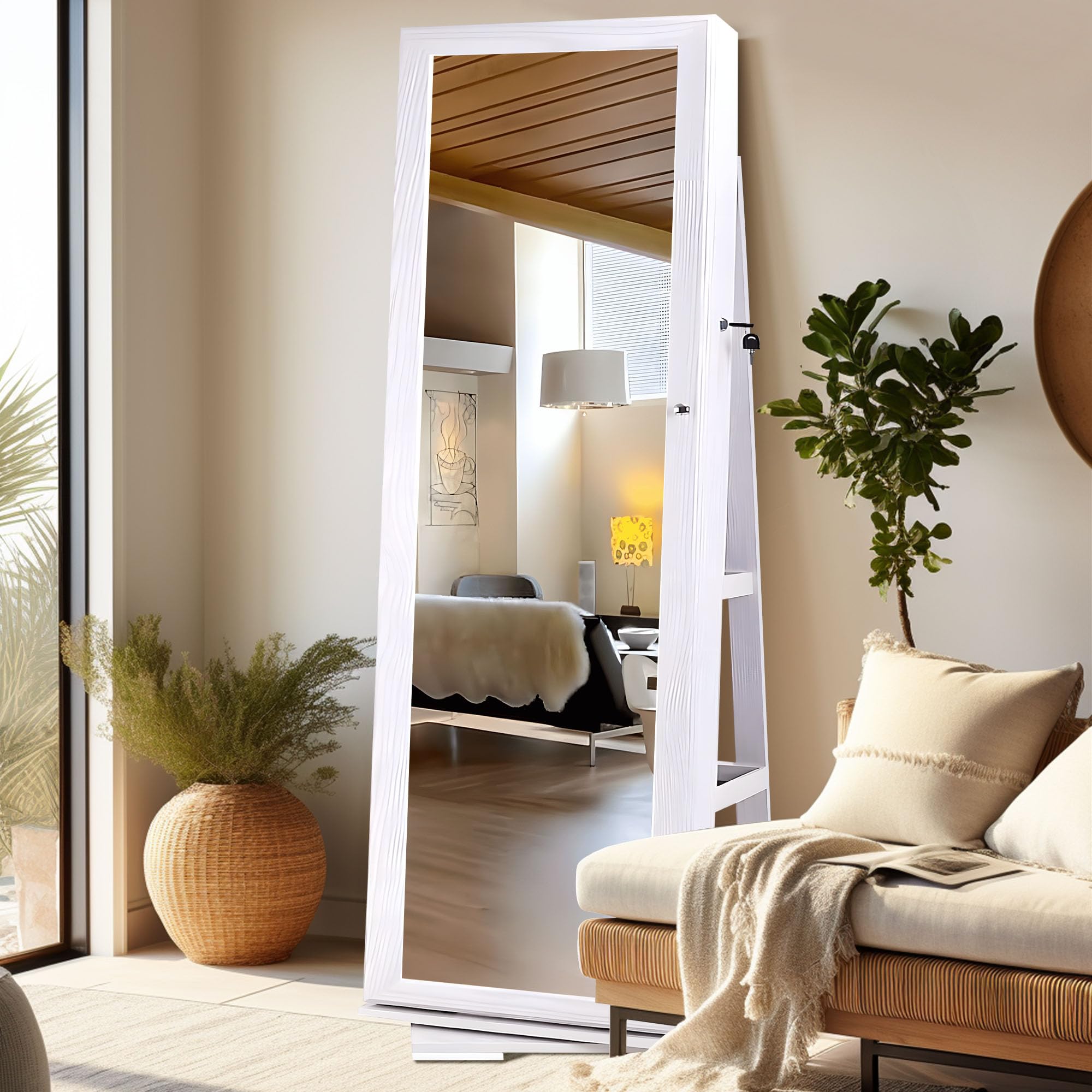 SOGES 360° Swivel Full Length Jewelry Mirror Cabinet with Lockable Storage & Rotating Organizer - White | Standing Mirror with Back Shelves for Jewelry Display & Bedroom Decor