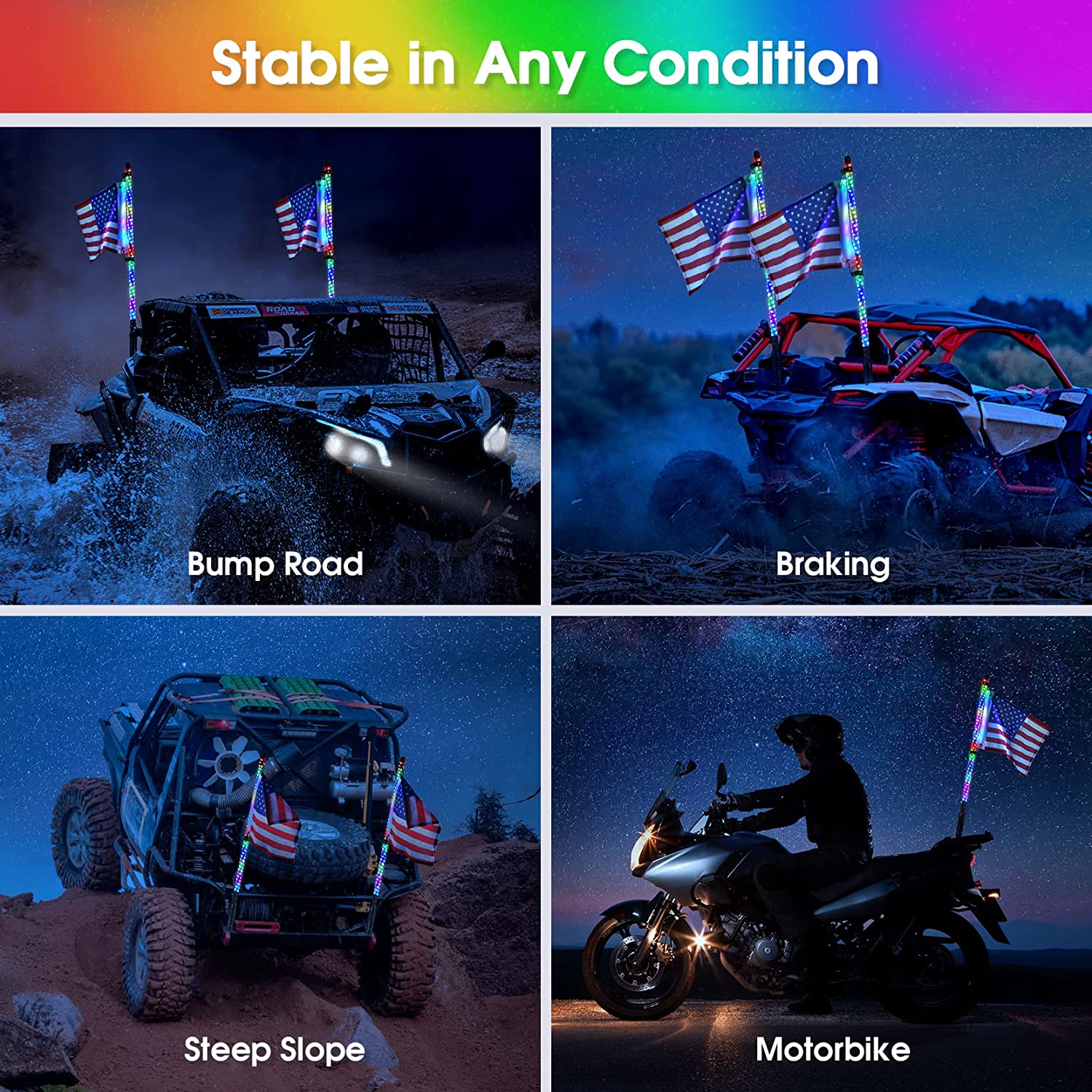 RGB LED Whip Lights with 300 Flash Patterns - Remote & APP Control, Spring Base Spiral Design for UTV, ATV, Off-Road Trucks, Sand Buggies, Dune RZR & Can-Am - Perfect for Night Rides, Desert Adventures & Off-Road Racing