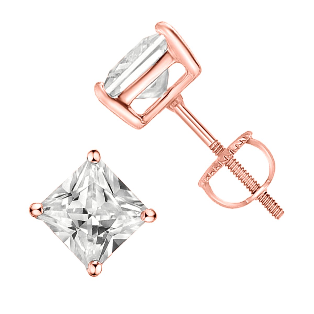 925 Sterling Silver Princess Square CZ Screw Back Stud Earrings - Rose Gold Plated for Women | Elegant Cubic Zirconia Earrings for Daily Wear, Parties & Special Occasions
