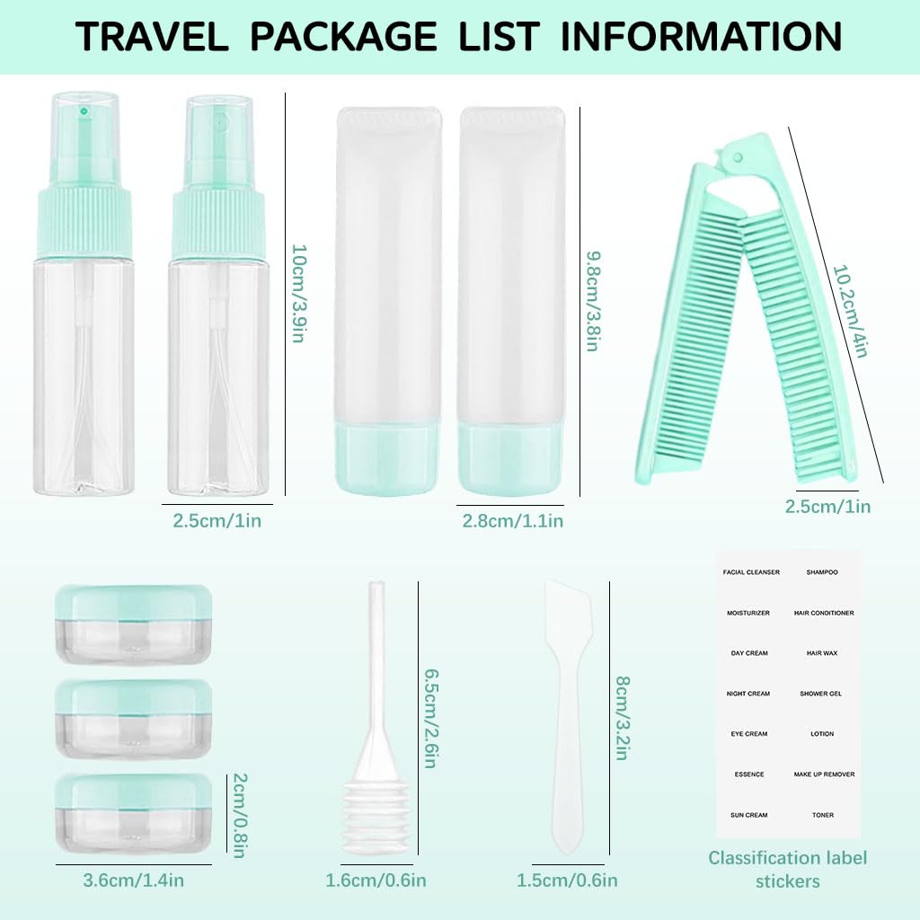 MAYCREATE® 10Pcs Mini Travel Bottles Set - Leak-Proof Refillable Toiletry Containers for Shampoo, Conditioner & Lotion | Includes Hair Comb & Cream Jars | Perfect for Airplane Carry-On, Gym, Camping & Vacation Essentials