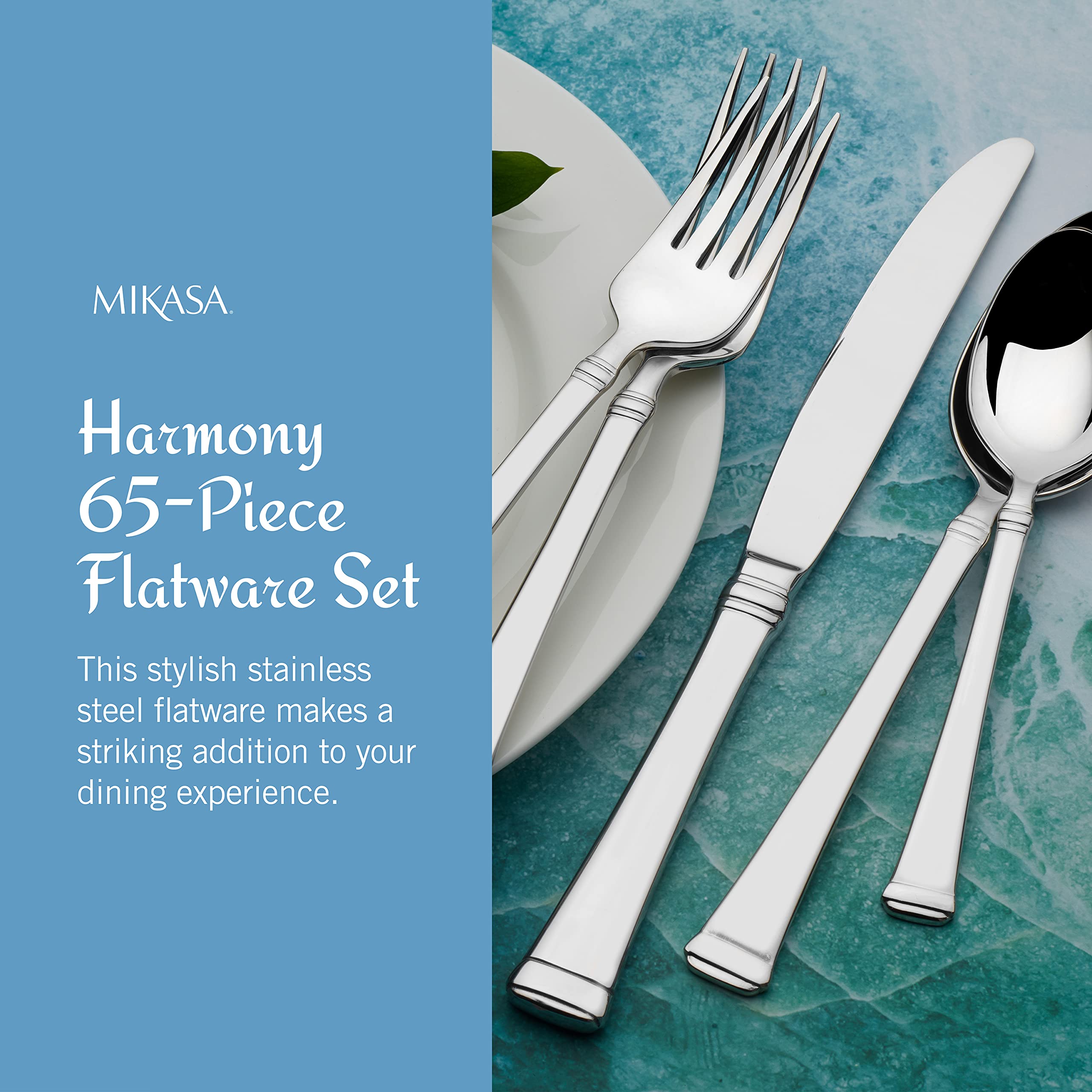 Premium Mikasa Harmony 65-Piece 18/10 Stainless Steel Flatware Set for 12 - Elegant Silverware with Serving Utensils for Fine Dining, Weddings & Holiday Entertaining