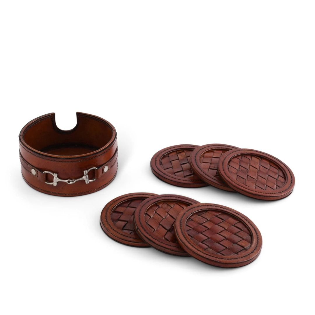 Premium Leather Bit Coaster Set - 6-Piece Non-Slip Drink Coasters for Coffee Table, Bar & Home Decor - Perfect for Protecting Furniture from Water Rings & Stains