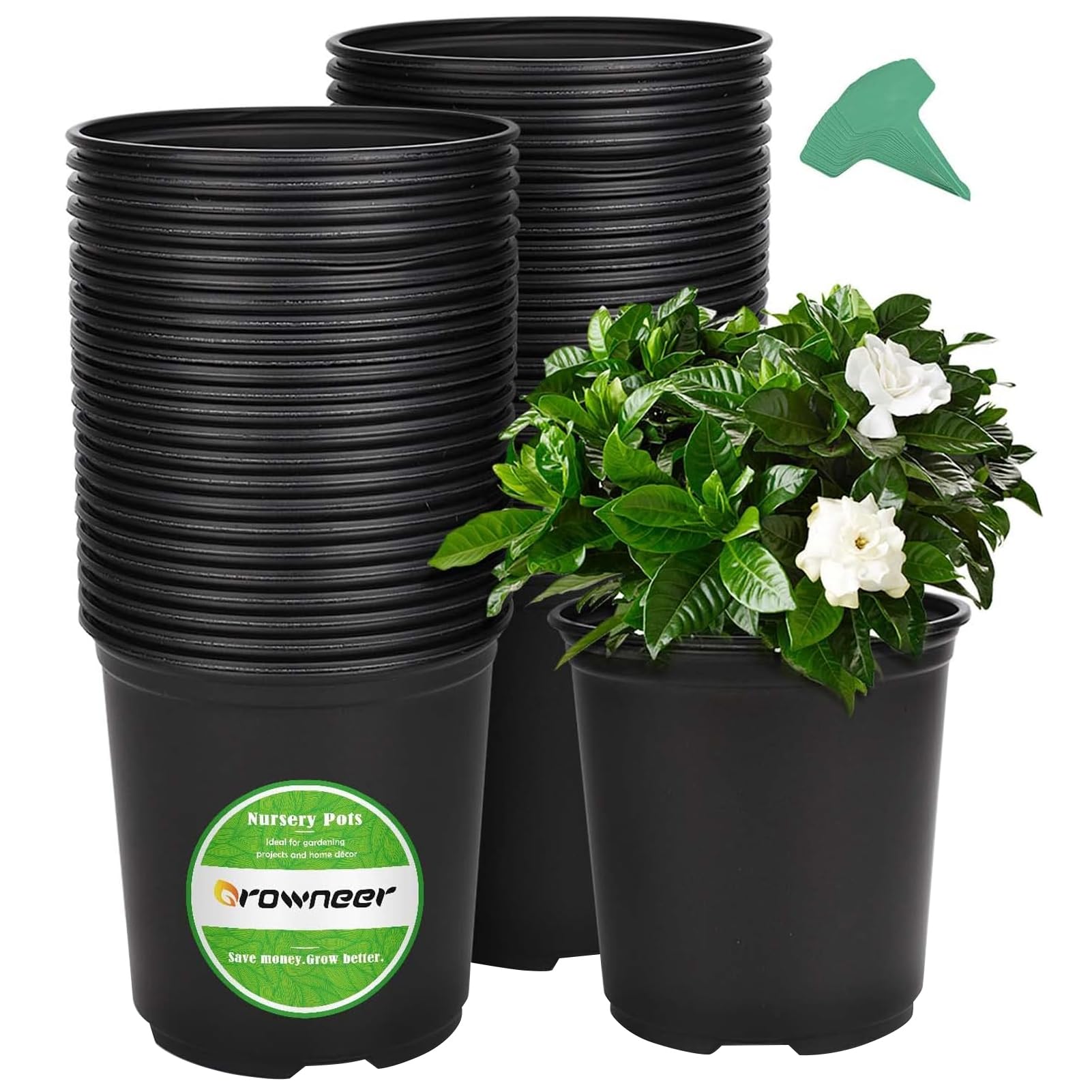 GROWNEER 48-Pack 6 Inch 1 Gallon Flexible Nursery Pots with Drainage Holes + 15 Plant Labels - Black Flower Plant Containers for Indoor Outdoor Gardening, Seed Starting, Vegetables, Succulents, Herbs - Perfect for Home Garden, Greenhouse, and Backyard Planting