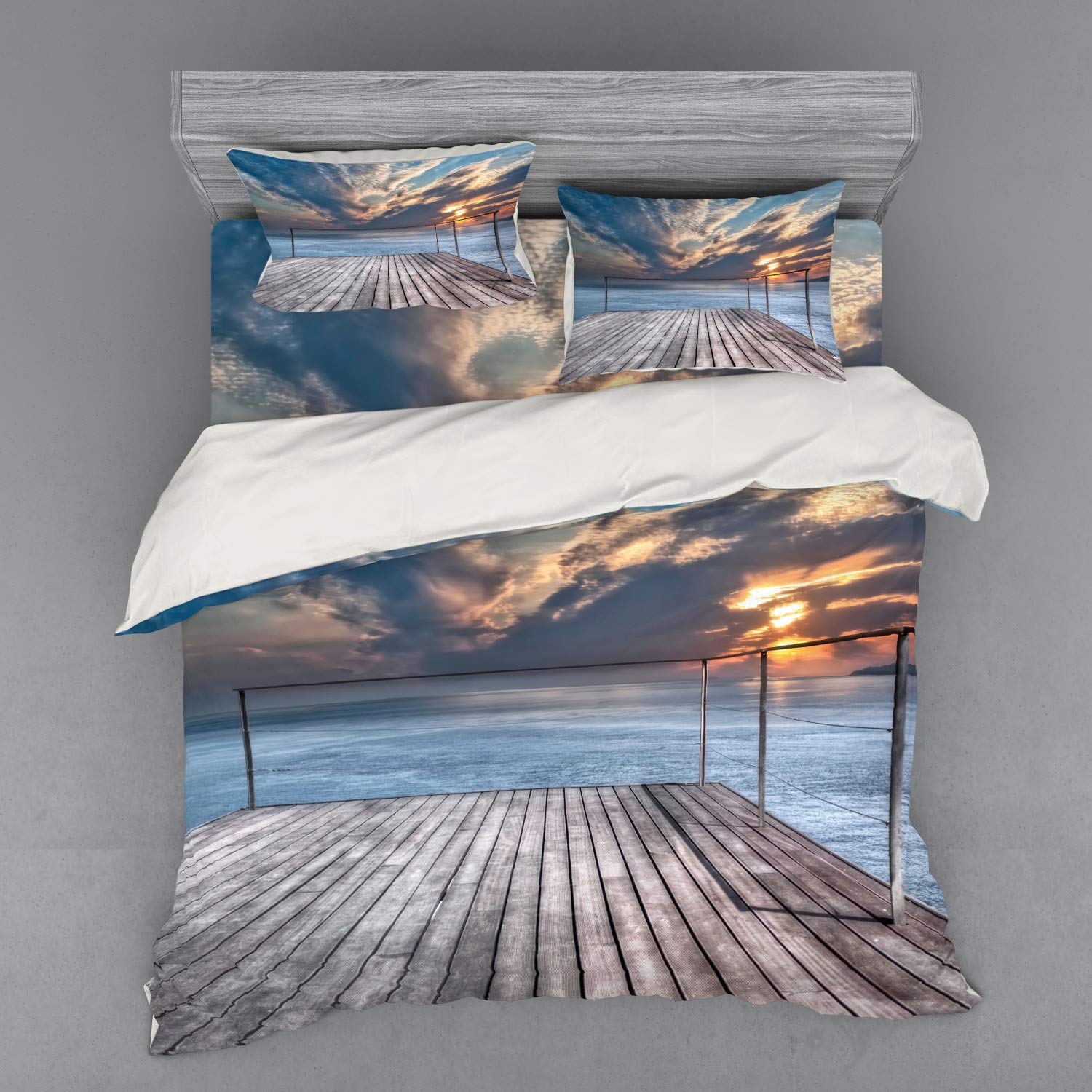 Ambesonne King Size 4-Piece Travel Duvet Cover Set - Ocean Sunset Terrace Print Bedding with Shams & Fitted Sheet in Sky Blue & Pale Brown | Perfect for Beach House Decor, Coastal Theme Bedrooms & Vacation Rental Homes
