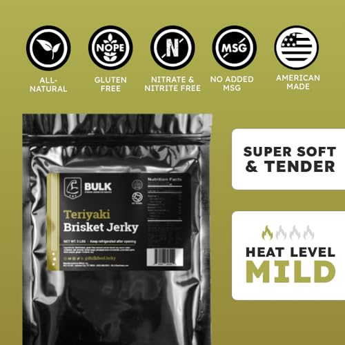 Premium All-Natural Beef Jerky - Soft & Tender Brisket Jerky Snacks - High Protein, Low Carb Keto-Friendly - Bulk 5lb Pack (Teriyaki Flavor) - Perfect for Hiking, Camping & Office Snacks