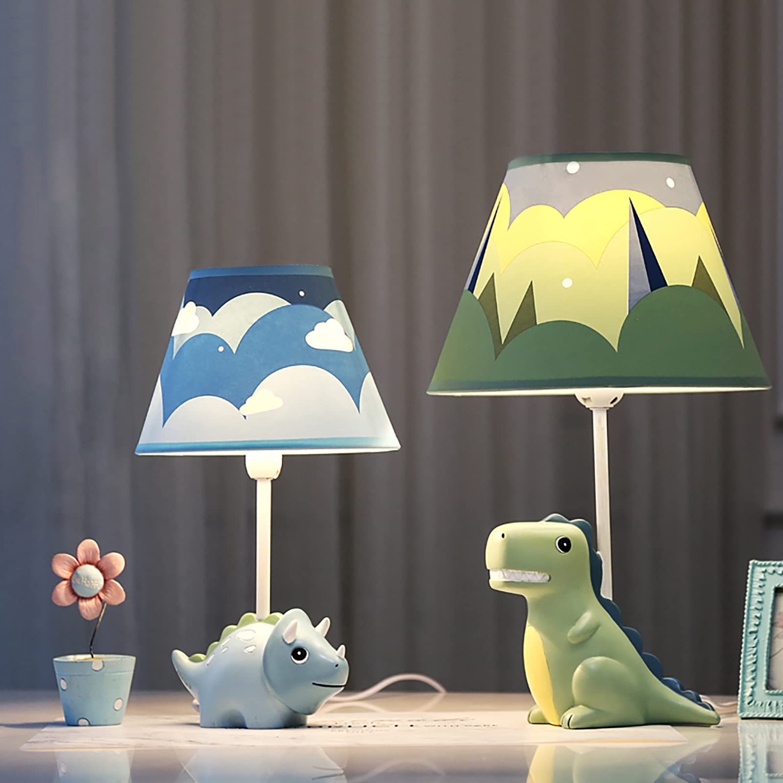 Dinosaur Table Lamp for Kids - 13 Inch LED Bedside Desk Lamp with Barrel Lampshade, Green Dinosaur Night Light for Boys Room Decor | Perfect for Bedtime Reading, Nursery Lighting & Children's Bedroom Accessories