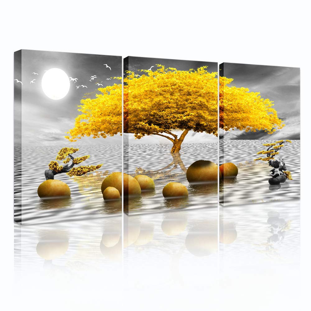 Abstract Black and White Canvas Wall Art Set of 3 - Modern Yellow Tree Paintings for Living Room, Bedroom, Bathroom & Office Decor | Home & Workspace Wall Hangings