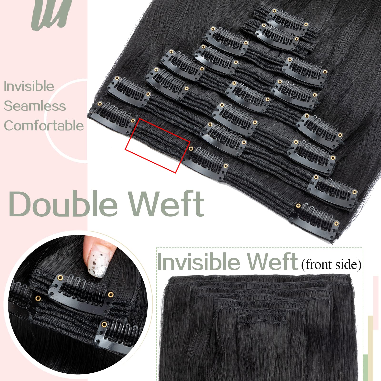 S-noilite 100% Remy Human Hair Clip-in Extensions - 8 Piece Double Weft Set (24 Inch, Jet Black #1) for Thick Voluminous Hair - 18 Clips for Secure Fit - Straight & Silky Natural Look - Perfect for Daily Wear, Parties & Special Occasions