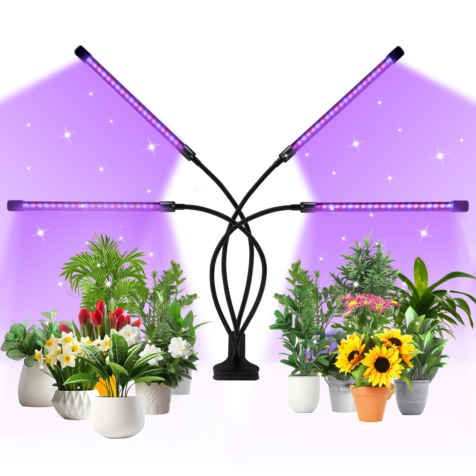 80 LED Full Spectrum Grow Lights for Indoor Plants with 3/9/12H Timer & 3 Modes (20%-100% Brightness) - 4 Head Clip-On Plant Light for Hydroponics, Seedlings, Flowers & Home Gardening