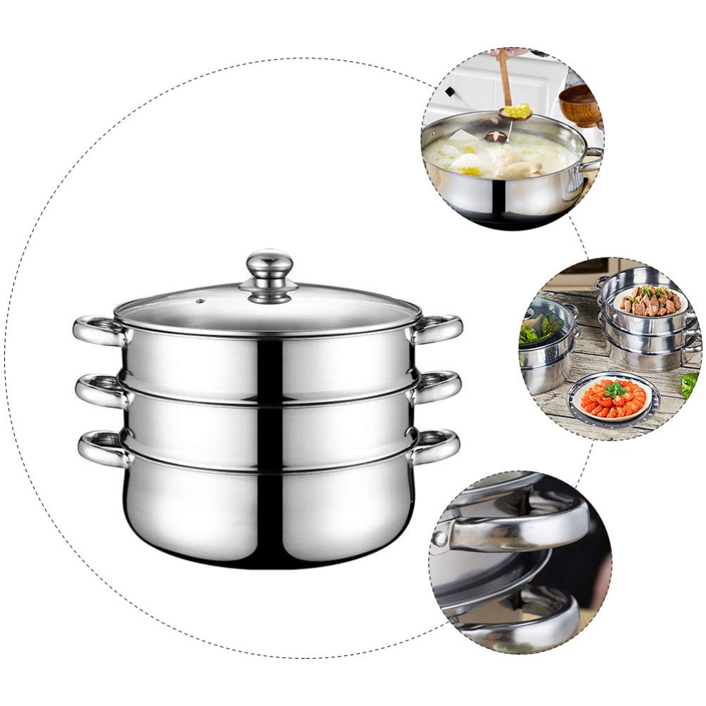 Premium Stainless Steel 3-Layer Steamer Pot for Soup, Stock & Cooking | Heavy-Duty Steamer Pot with Lid for Home Kitchen | Ideal for Steaming Vegetables, Seafood & Dumplings