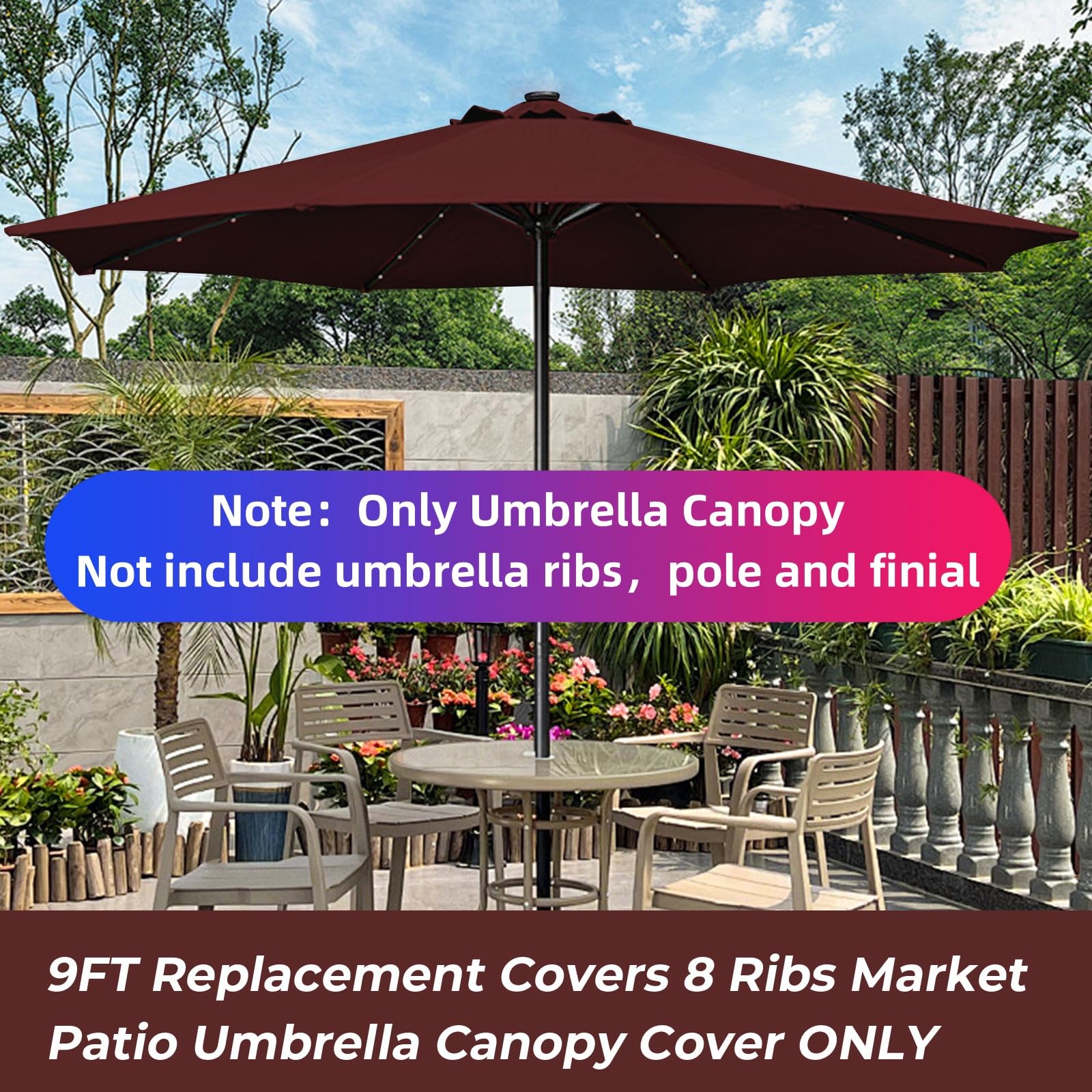 9ft Replacement Canopy for Patio Umbrella - Outdoor Table Market Yard Umbrella Top with 8 Ribs | Perfect for Backyard, Poolside, and Outdoor Dining Areas