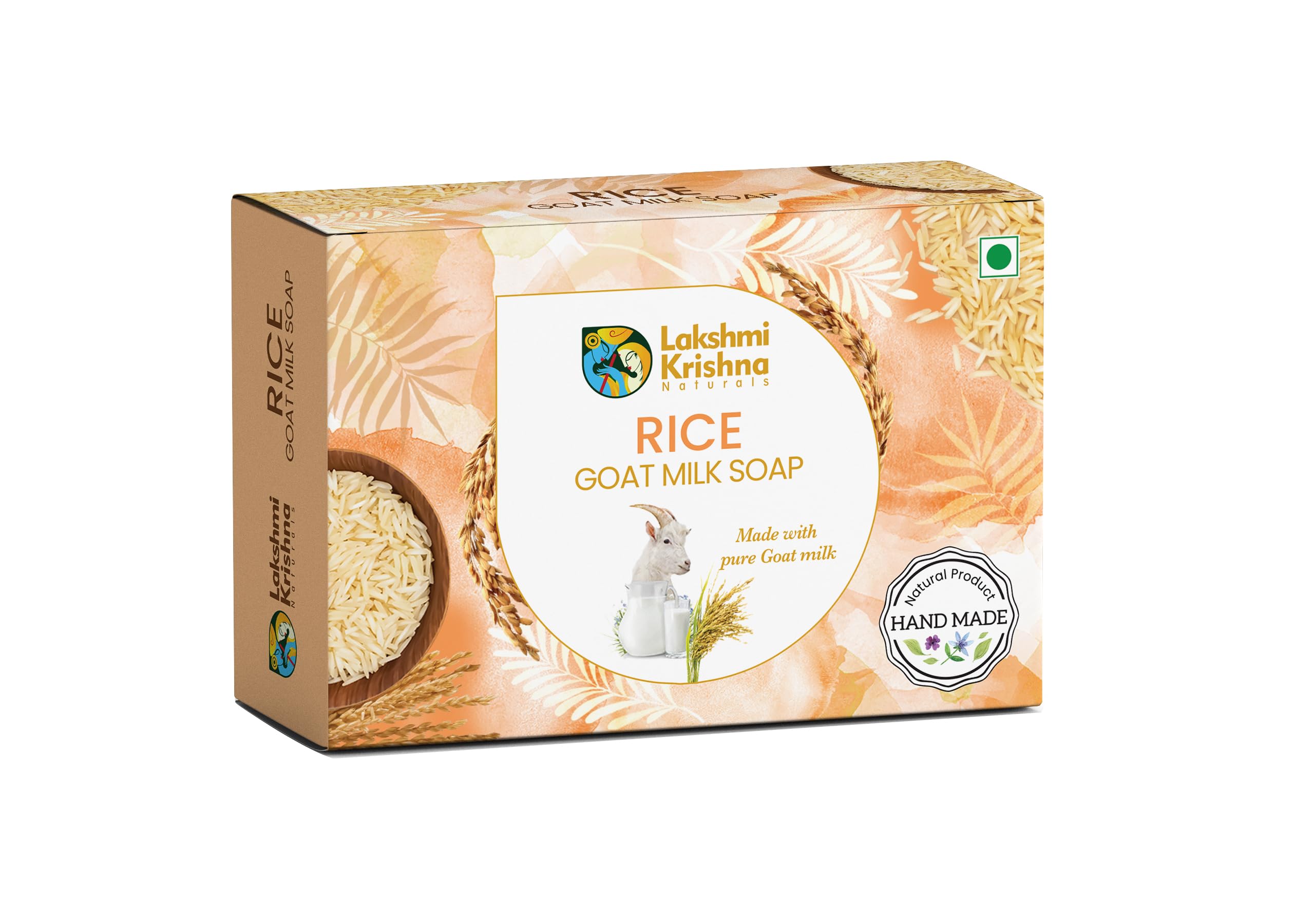 Lakshmi Krishna Rice Goat Milk Soap - 100g Natural Handmade Bar with Extra Virgin Olive Oil, Farm Fresh Goat Milk & Coconut Oil | 100% Organic Ingredients for Glowing Skin | Perfect for Daily Face & Body Cleansing, Sensitive Skin Care & Spa Relaxation