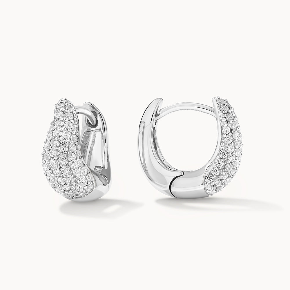 Mini White Topaz Pave Wave Dome Huggie Earrings in Sterling Silver - Perfect for Everyday Wear & Special Occasions