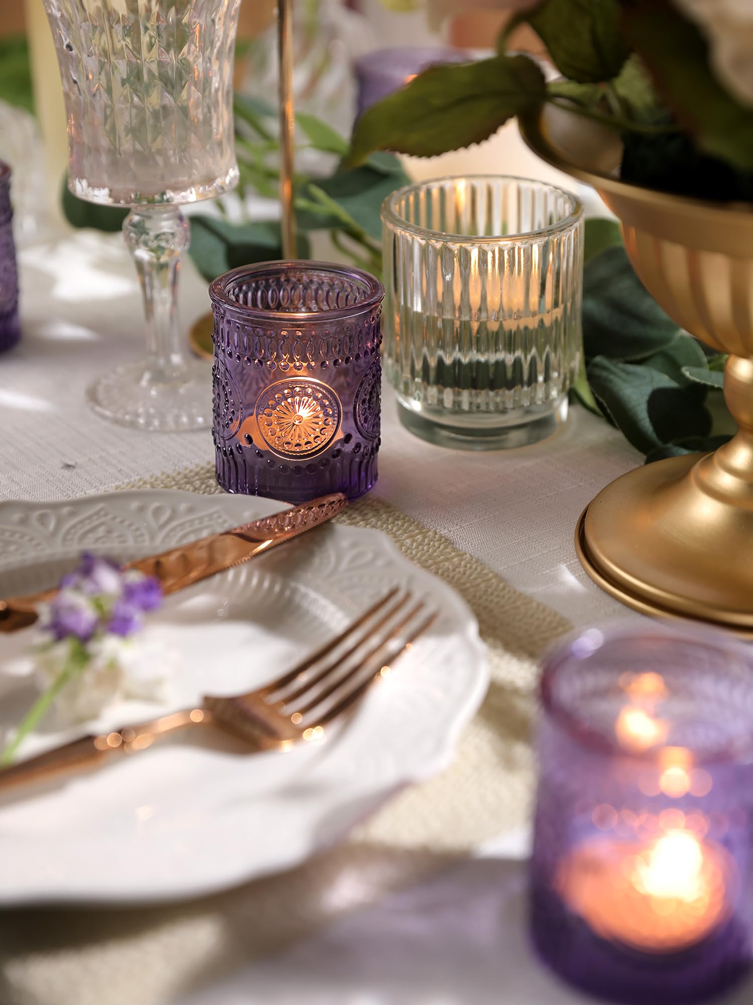 24-Piece Purple Glass Votive Candle Holders Set - Elegant Tea Light Candle Holders for Wedding, Baby Shower & Boho Party Decorations - Perfect Table Centerpieces & Unique Purple Gifts for Women - Ideal for Romantic Dinners, Spa Nights and Home Decor