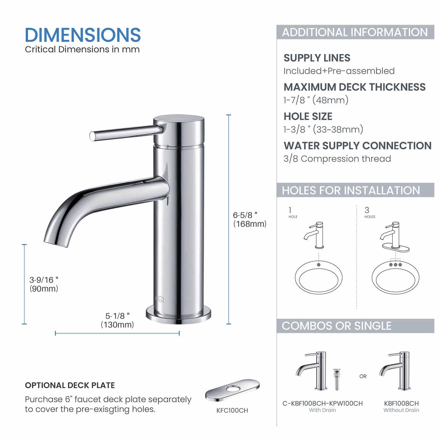 KIBI Single Handle Bathroom Sink Faucet - Solid Brass Waterfall Bathroom Faucet with Supply Lines - Corrosion Resistant Chrome Vanity Faucet for Bathroom, Powder Room & Guest Bath (Model KBF1008) - Perfect for Modern Home Renovation & Luxury Bathroom Upgrades