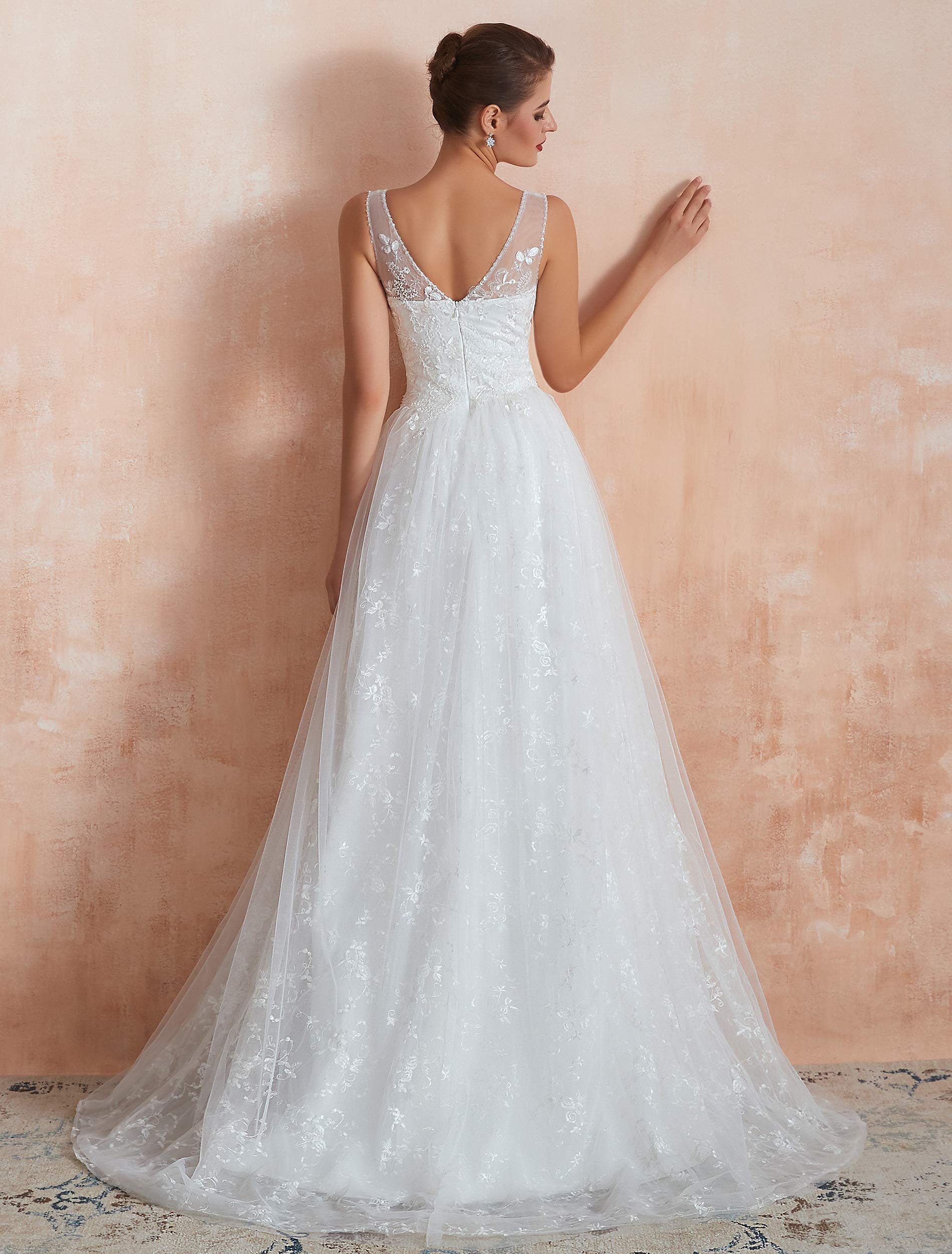 Elegant Women's V-Neck Lace Applique Sleeveless Tulle Wedding Dress | Bridal Gown for Beach, Church & Outdoor Ceremonies
