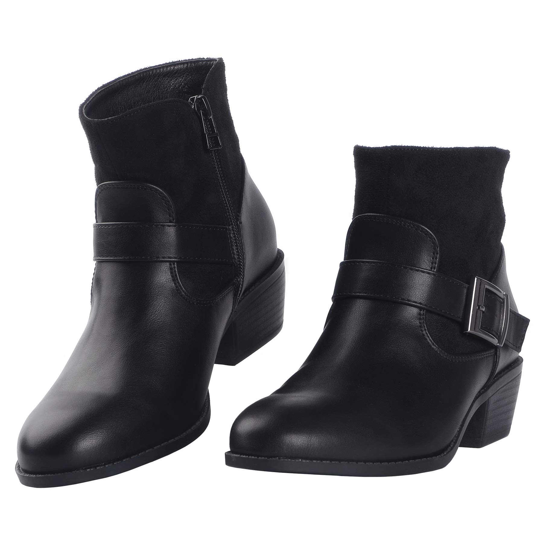 Stylish Women's Ankle Boots with Round Toe, Low Heel & Side Zipper - Winter Booties with Buckle & Fleece Lining for Comfort & Warmth | Perfect for Casual Outings, Office Wear & Cold Weather Fashion