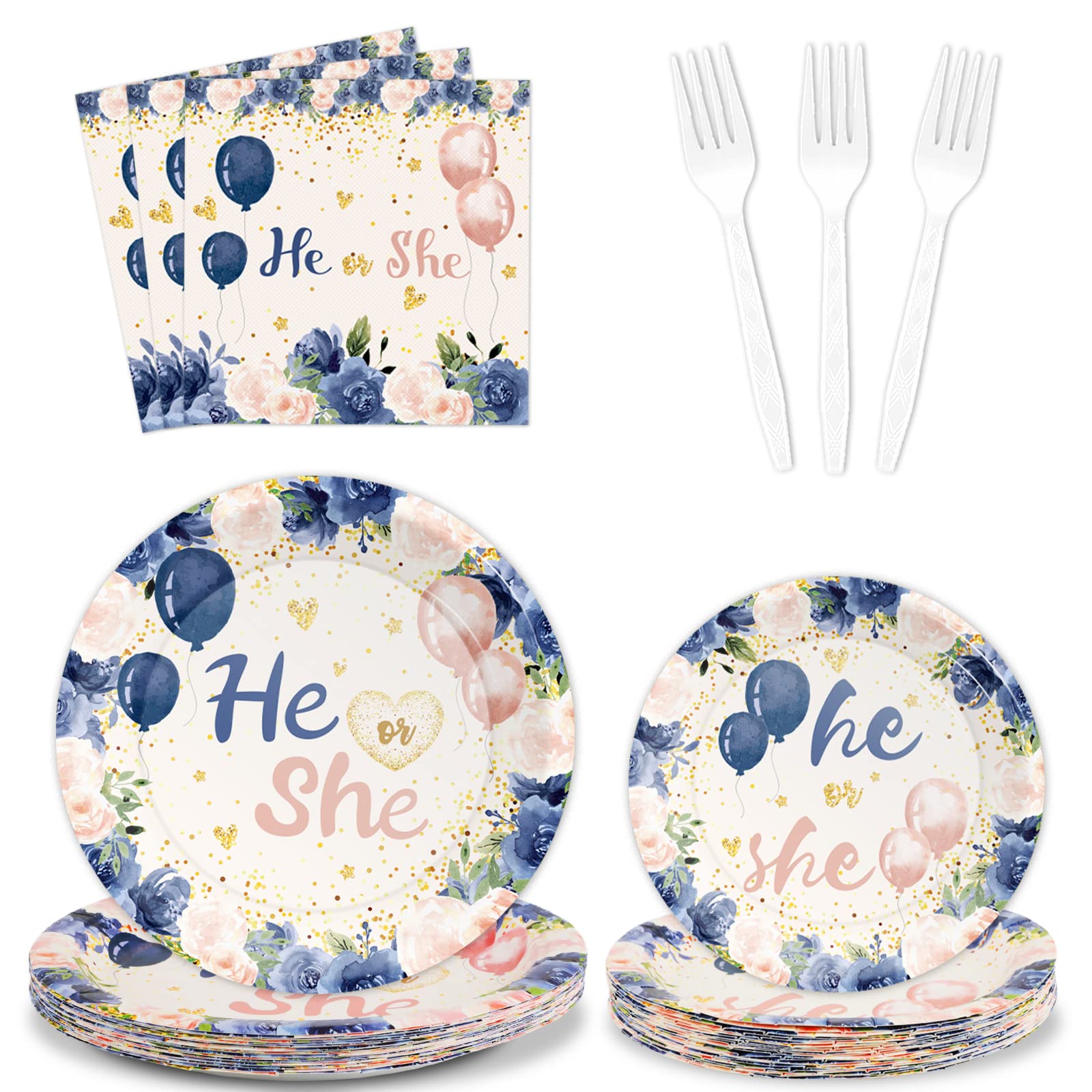96-Piece Gender Reveal Party Supplies Set - Navy & Blush Tableware for 24 Guests (24 Dessert Plates, Napkins, Forks) - Perfect for Baby Shower, Gender Announcement Party & Boy or Girl Celebration Decorations