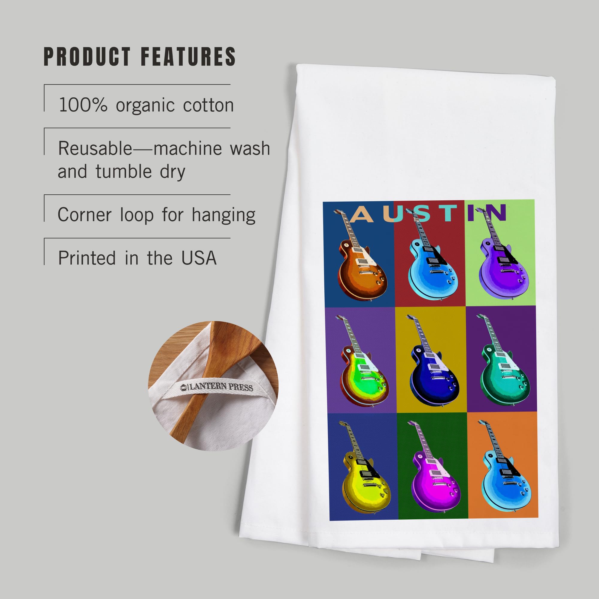 Lantern Press Austin Texas Guitar Pop Art Cotton Tea Towel - 100% Cotton Decorative Hand Towel for Kitchen & Home Decor - Perfect for Dish Drying, Wall Art, and Gift Giving