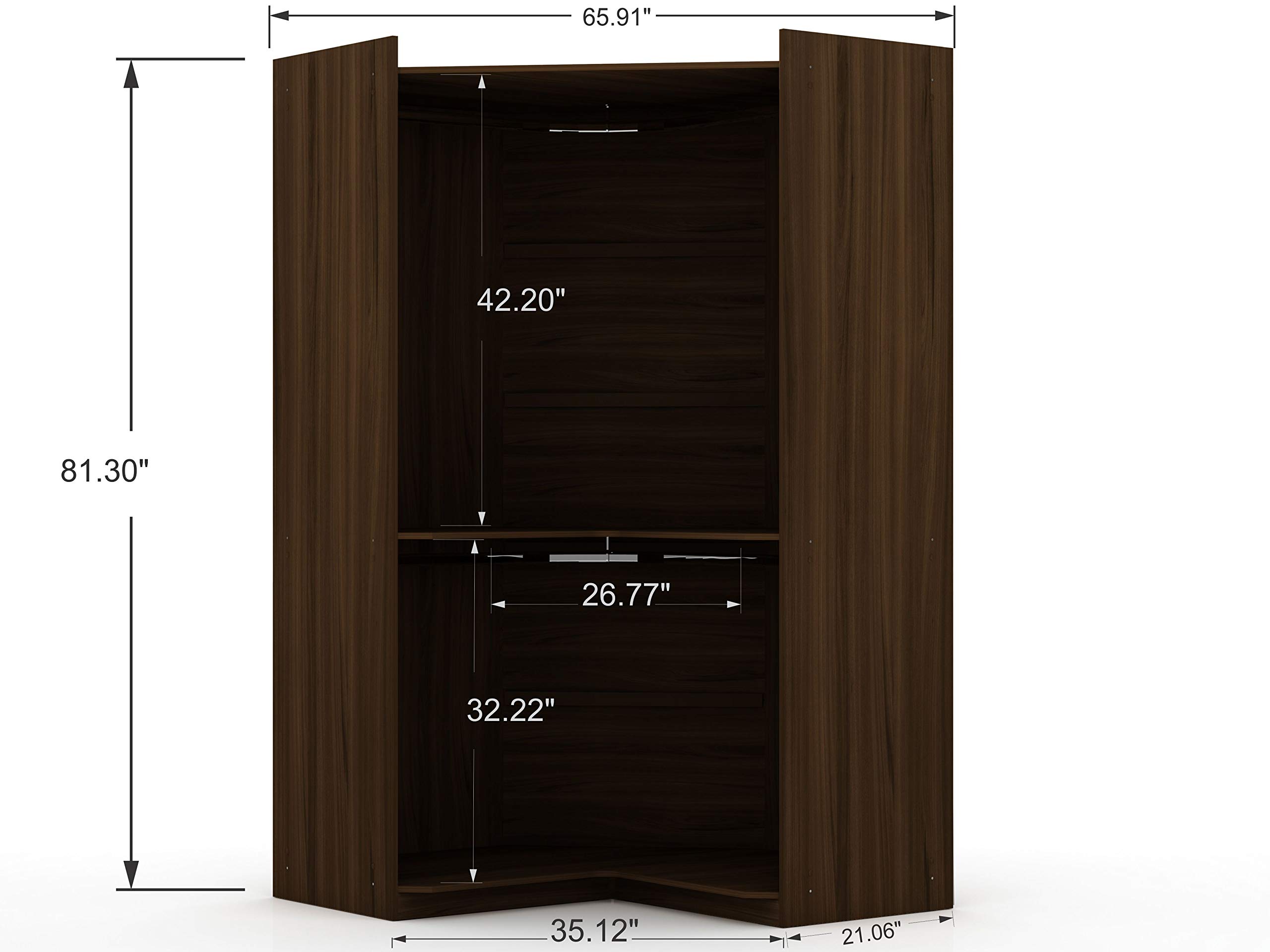 Modern Free-Standing Corner Wardrobe Closet with Rounded Hanging Rods & Open Shelves - Space-Saving Storage Solution for Bedroom, Living Room or Office - Brown by Manhattan Comfort