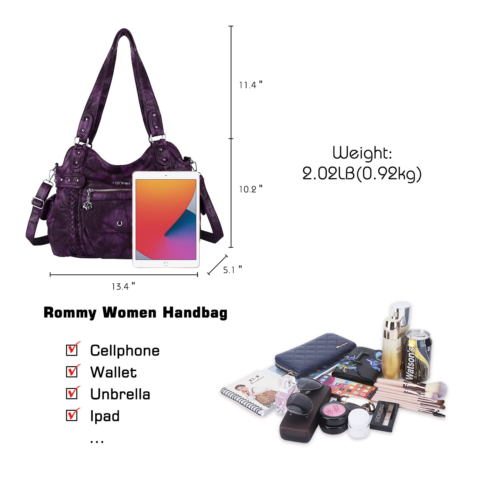 Angel Barcelo Women's Roomy Fashion Hobo Handbag - Washed Leather Satchel Shoulder Purse & Tote Bag for Work, Travel & Everyday Use