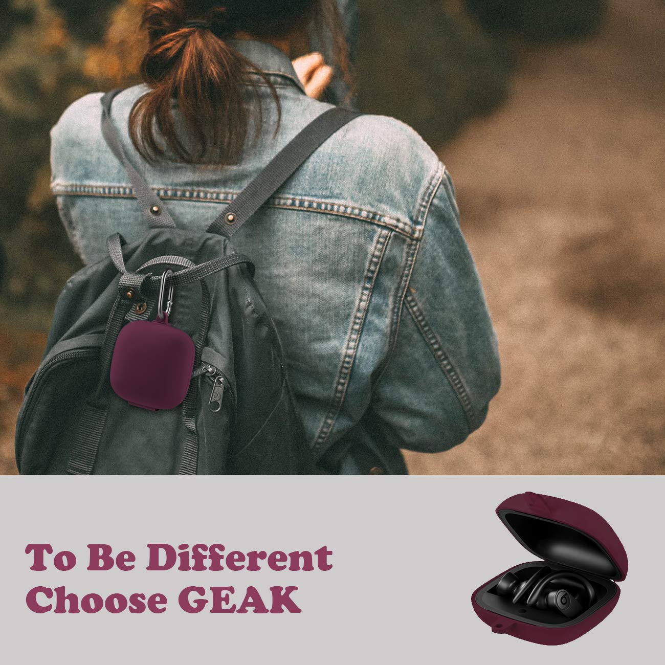 GEAK Shockproof Silicone Case for Beats Powerbeats Pro (2019) - 360° Protection, Soft Cover with Keychain, Wine Red - Perfect for Gym, Running, Travel & Outdoor Activities