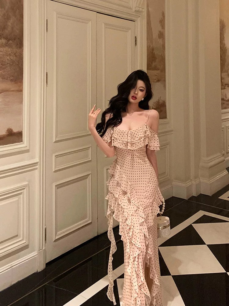 Elegant Dots Chiffon Evening Dress with Ruffles & High Slit - Formal Prom Gown J6178 for Special Occasions & Red Carpet Events